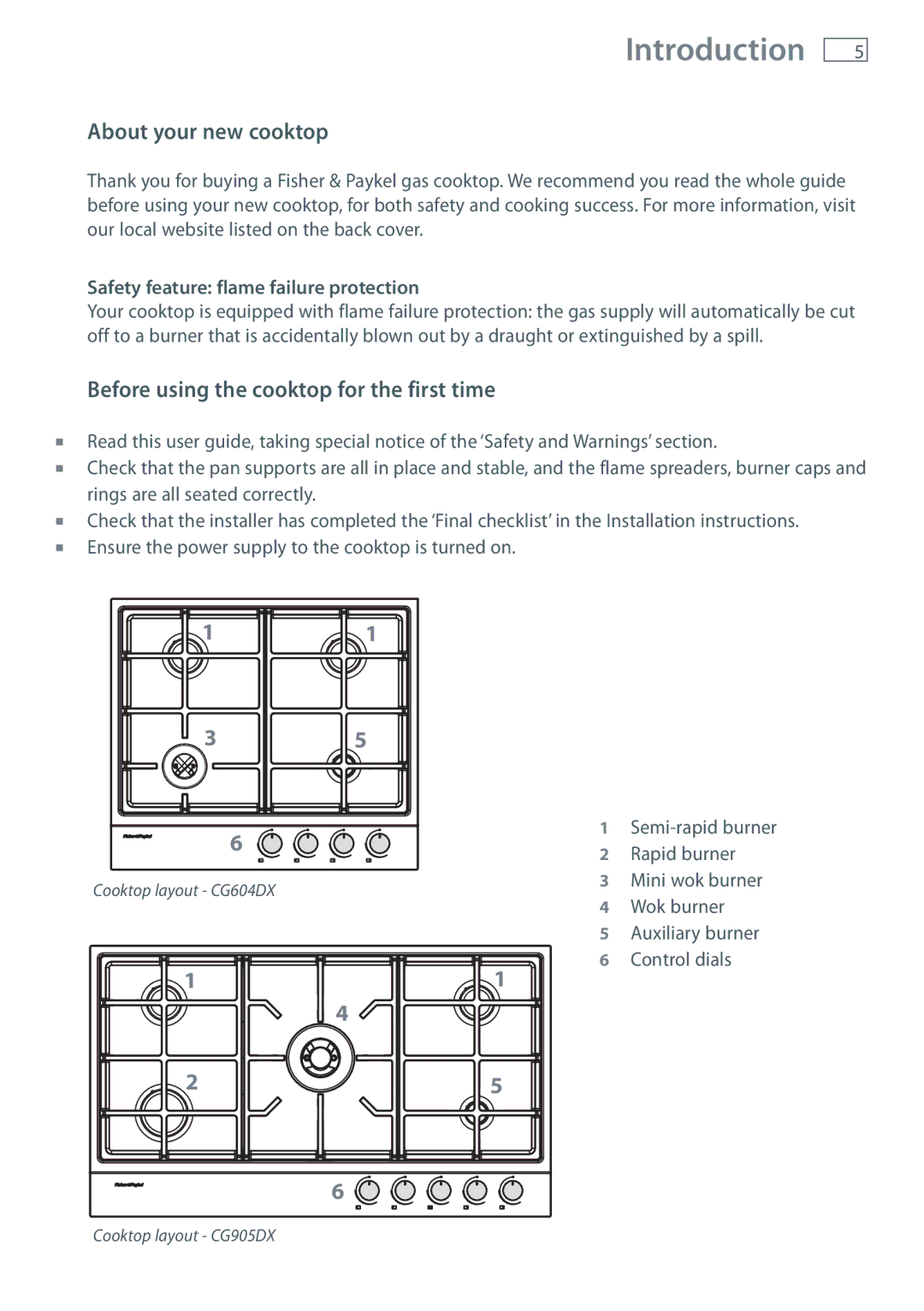 Fisher & Paykel CG905DX, CG604DX manual Introduction, About your new cooktop, Before using the cooktop for the first time 