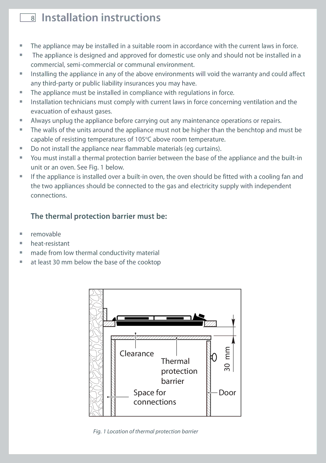 Fisher & Paykel CG705 installation instructions Thermal protection barrier must be, Location of thermal protection barrier 