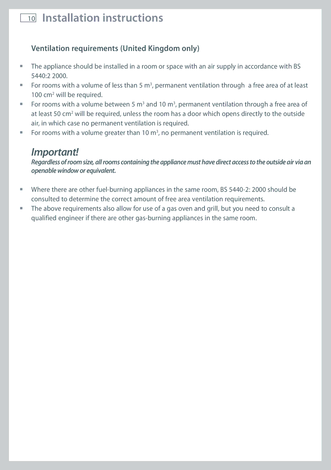 Fisher & Paykel CG705 installation instructions Ventilation requirements United Kingdom only 