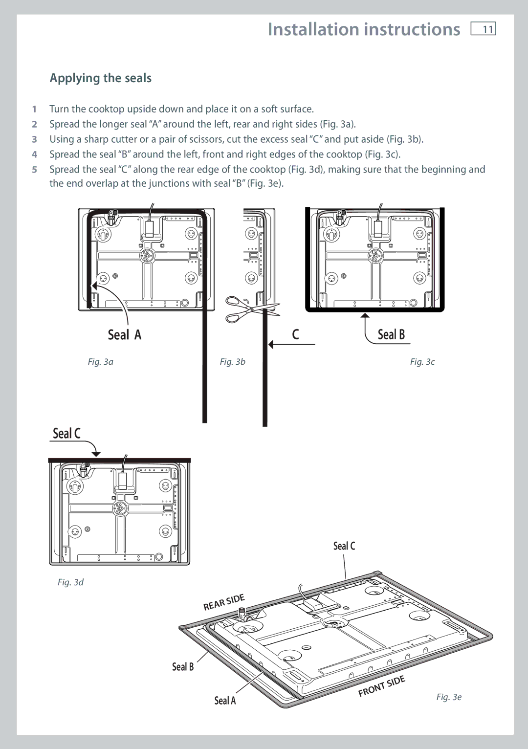 Fisher & Paykel CG705 installation instructions Applying the seals 