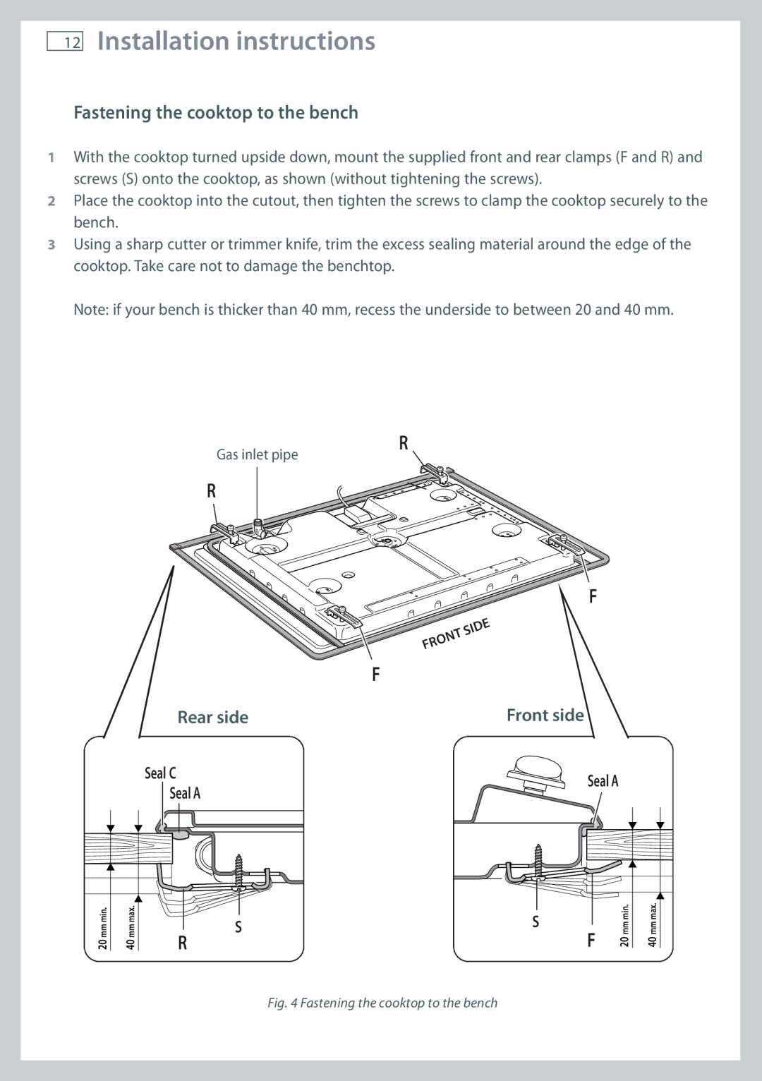 Fisher & Paykel CG705 installation instructions Fastening the cooktop to the bench 