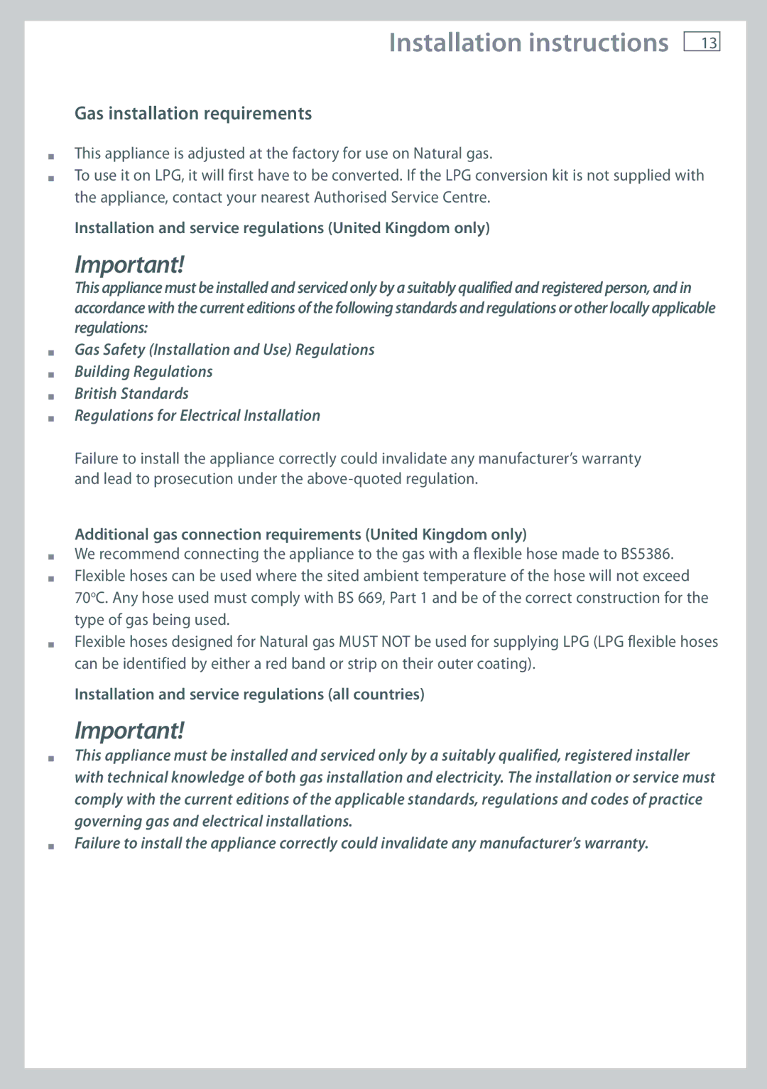 Fisher & Paykel CG705 Gas installation requirements, Installation and service regulations United Kingdom only 