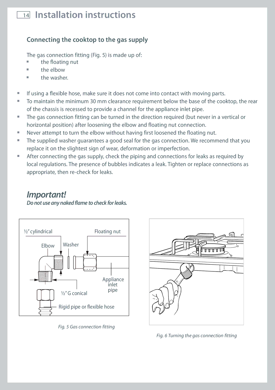 Fisher & Paykel CG705 Connecting the cooktop to the gas supply, Do not use any naked flame to check for leaks 