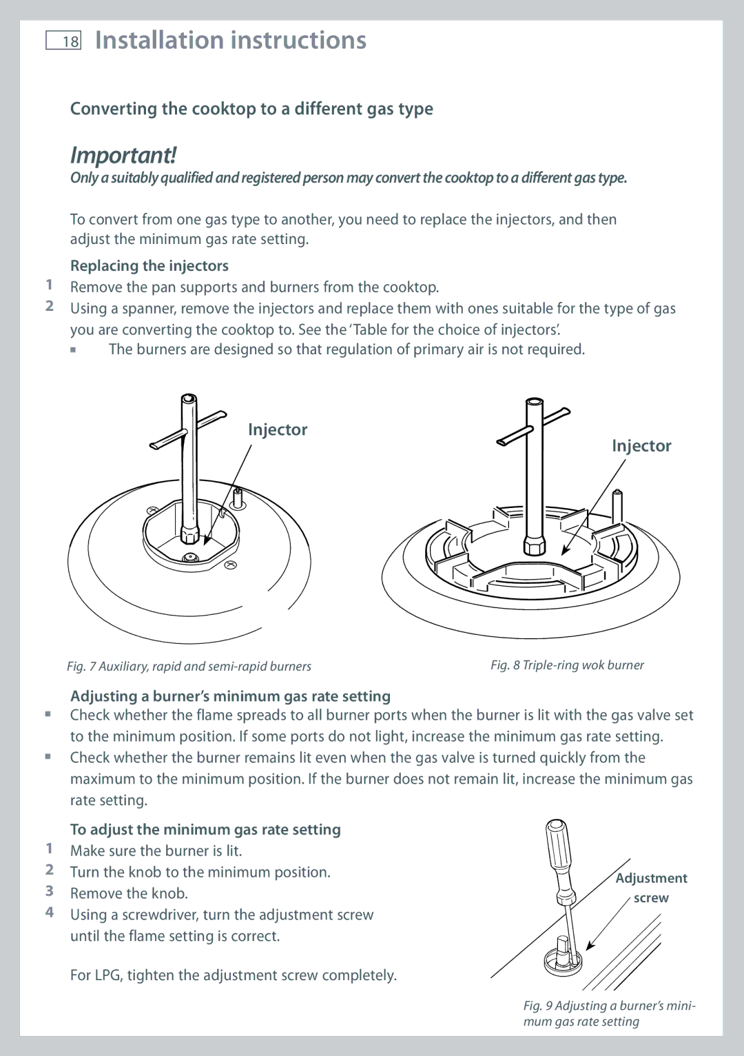 Fisher & Paykel CG705 installation instructions Converting the cooktop to a different gas type, Replacing the injectors 