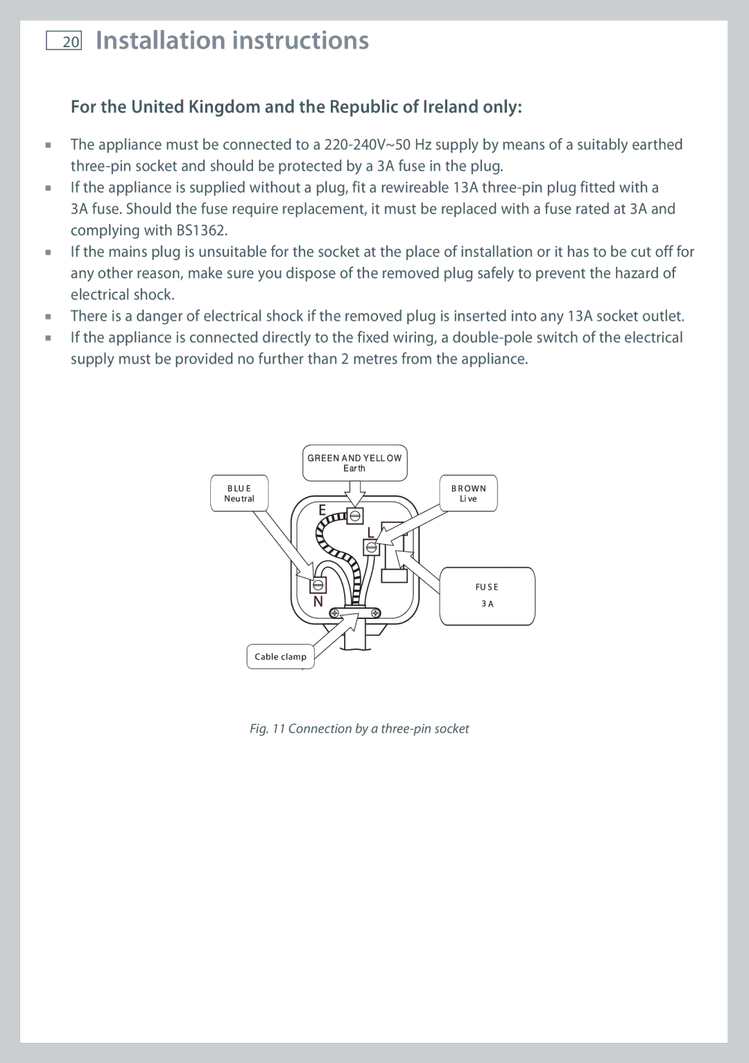 Fisher & Paykel CG705 For the United Kingdom and the Republic of Ireland only, Connection by a three-pin socket 