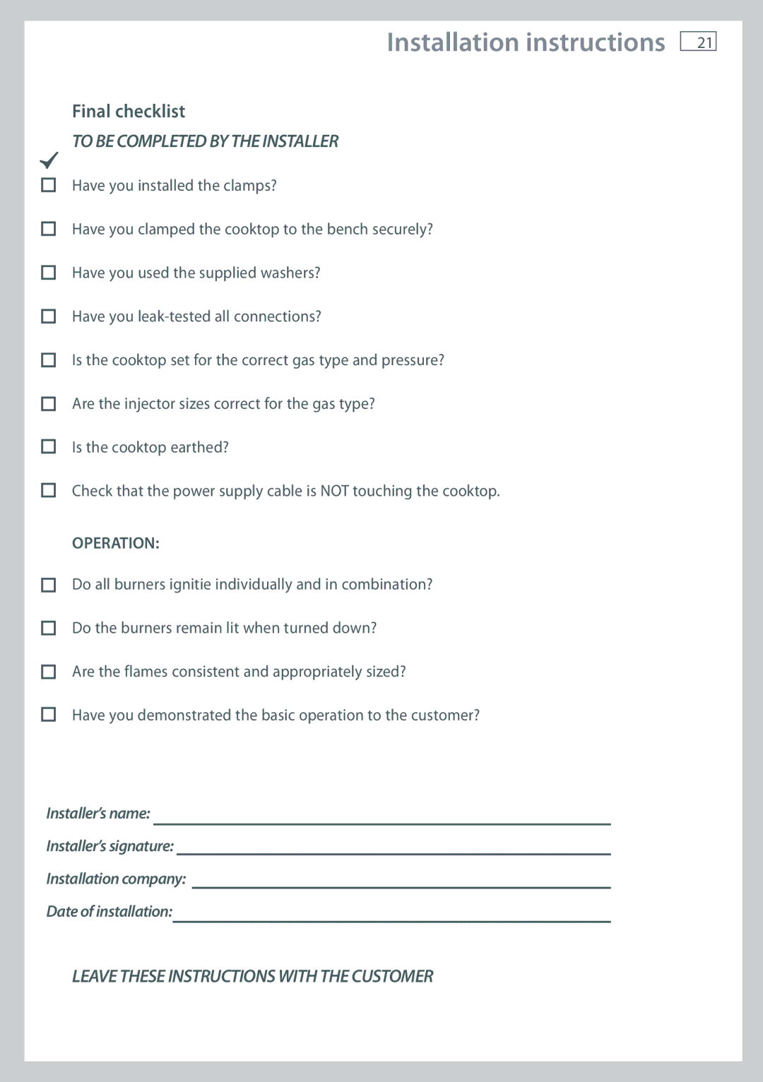 Fisher & Paykel CG705 installation instructions Final checklist, To be Completed by the Installer 