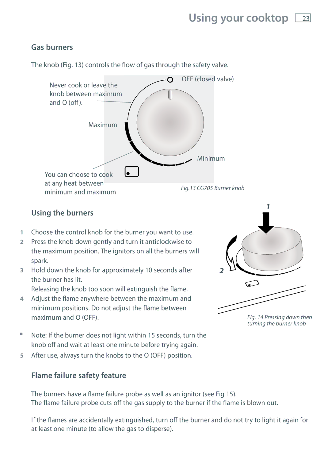 Fisher & Paykel CG705 Using your cooktop, Gas burners, Using the burners, Flame failure safety feature 