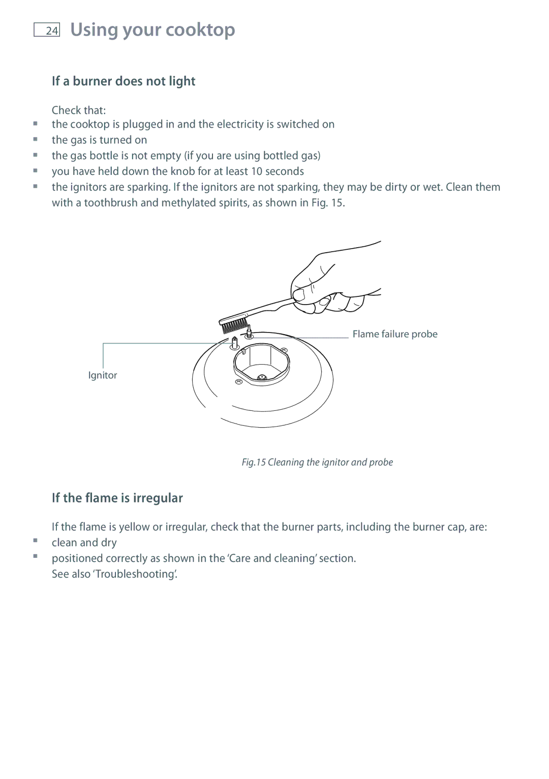 Fisher & Paykel CG705 installation instructions If a burner does not light, If the flame is irregular 