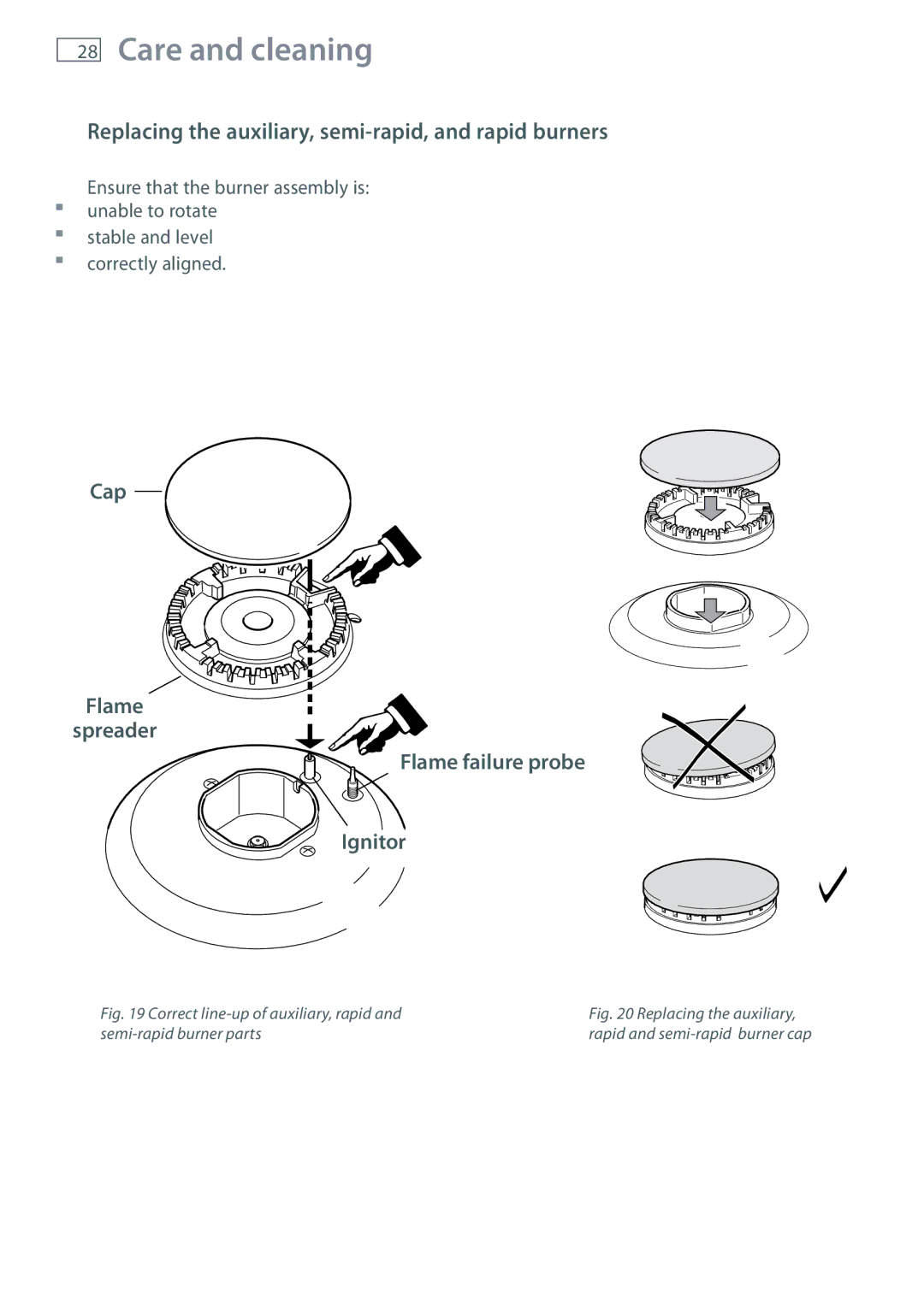 Fisher & Paykel CG705 installation instructions Replacing the auxiliary, semi-rapid, and rapid burners 