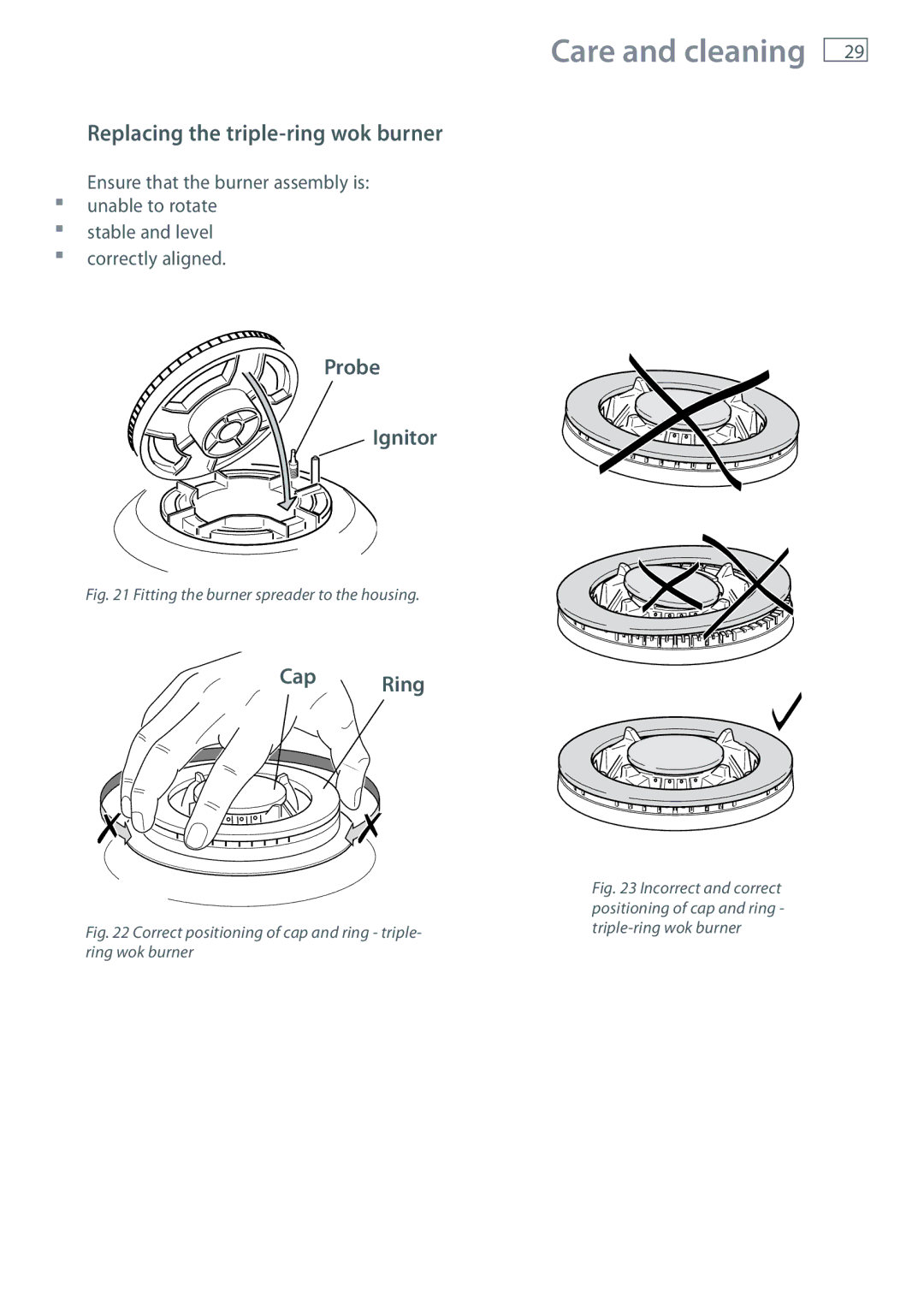 Fisher & Paykel CG705 Replacing the triple-ring wok burner, Fitting the burner spreader to the housing 