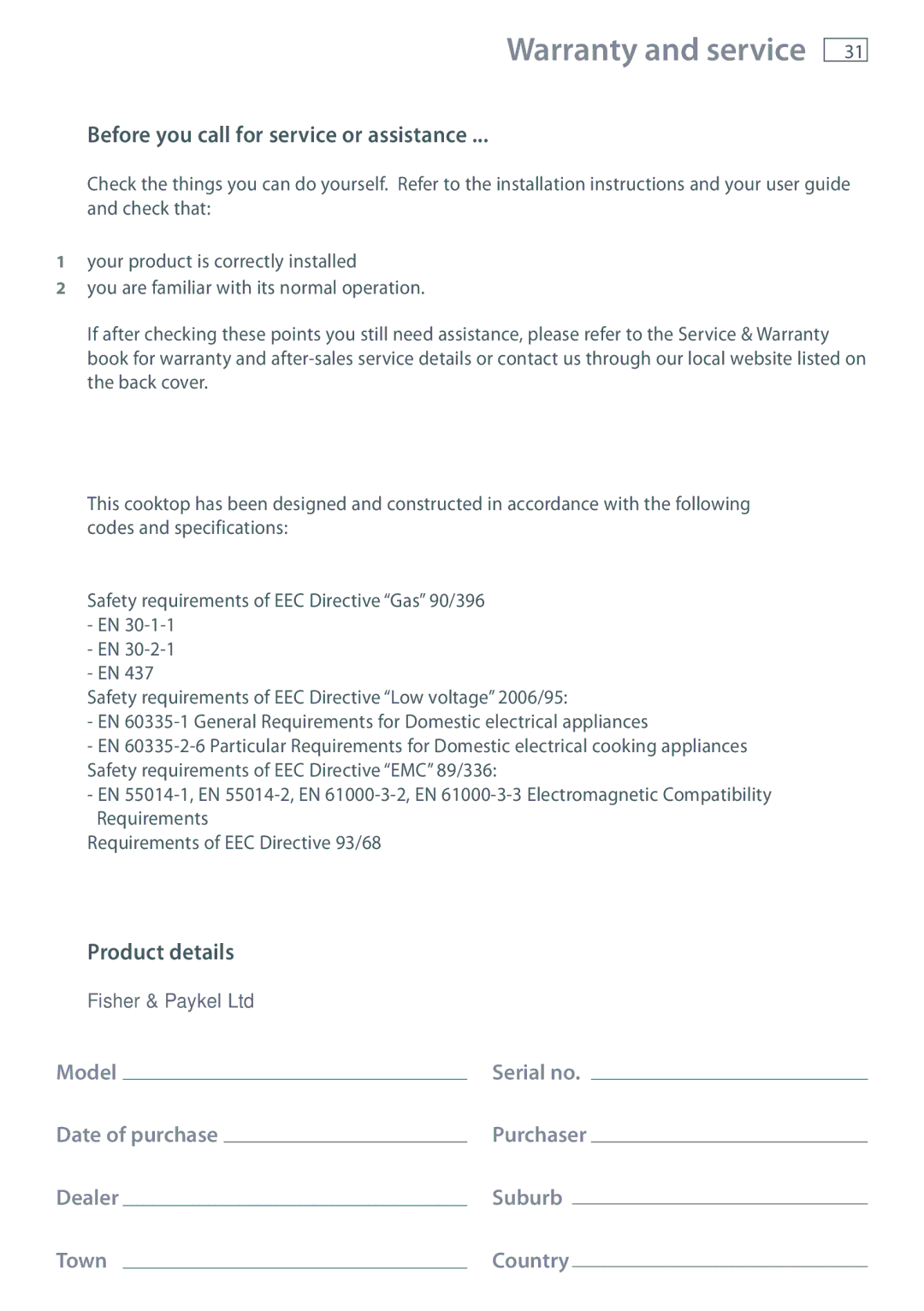 Fisher & Paykel CG705 Warranty and service, Before you call for service or assistance, Product details 