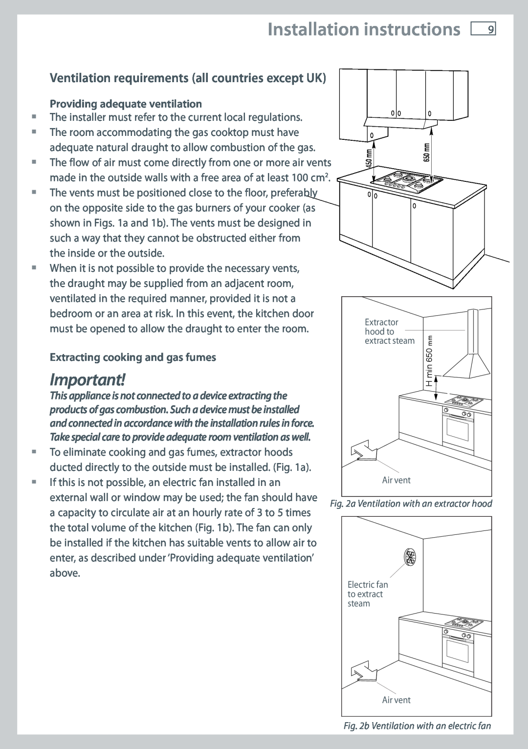 Fisher & Paykel CG705 installation instructions Ventilation requirements all countries except UK, Installation instructions 