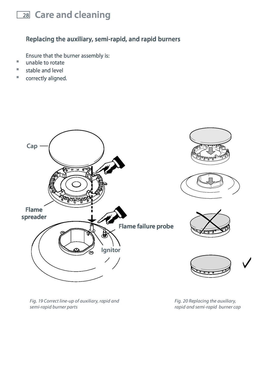 Fisher & Paykel CG705 installation instructions Replacing the auxiliary, semi-rapid, and rapid burners, Care and cleaning 
