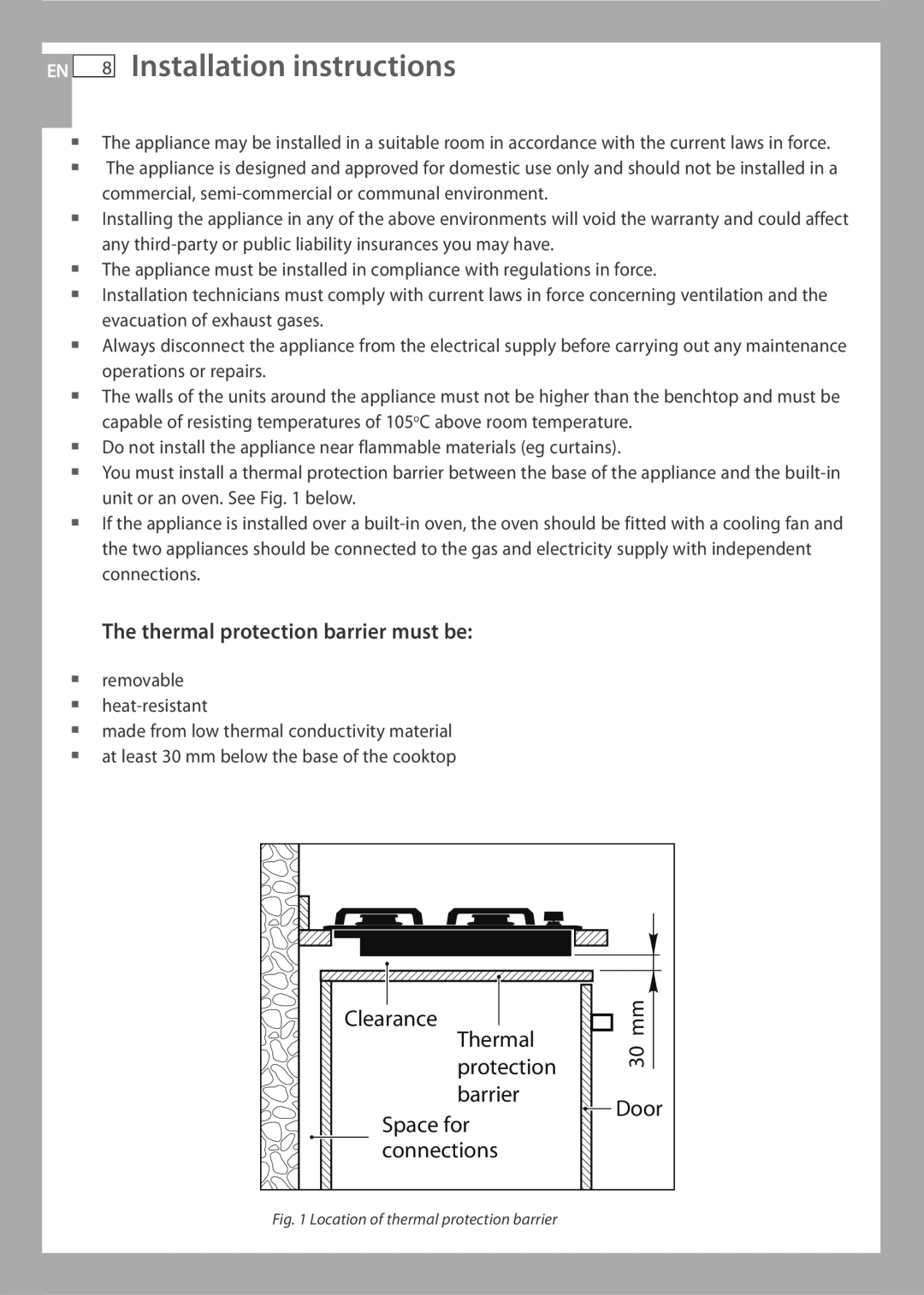 Fisher & Paykel CG733 installation instructions EN 8 Installation instructions, Thermal protection barrier must be 