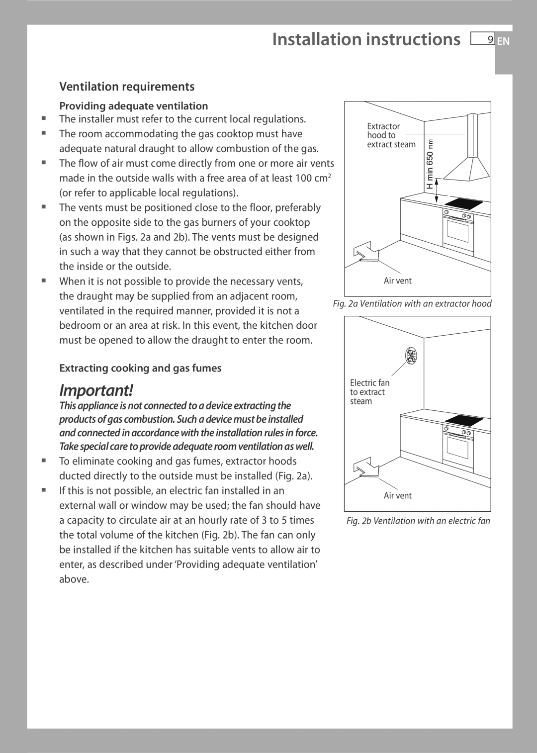 Fisher & Paykel CG733 installation instructions Ventilation requirements, Providing adequate ventilation 