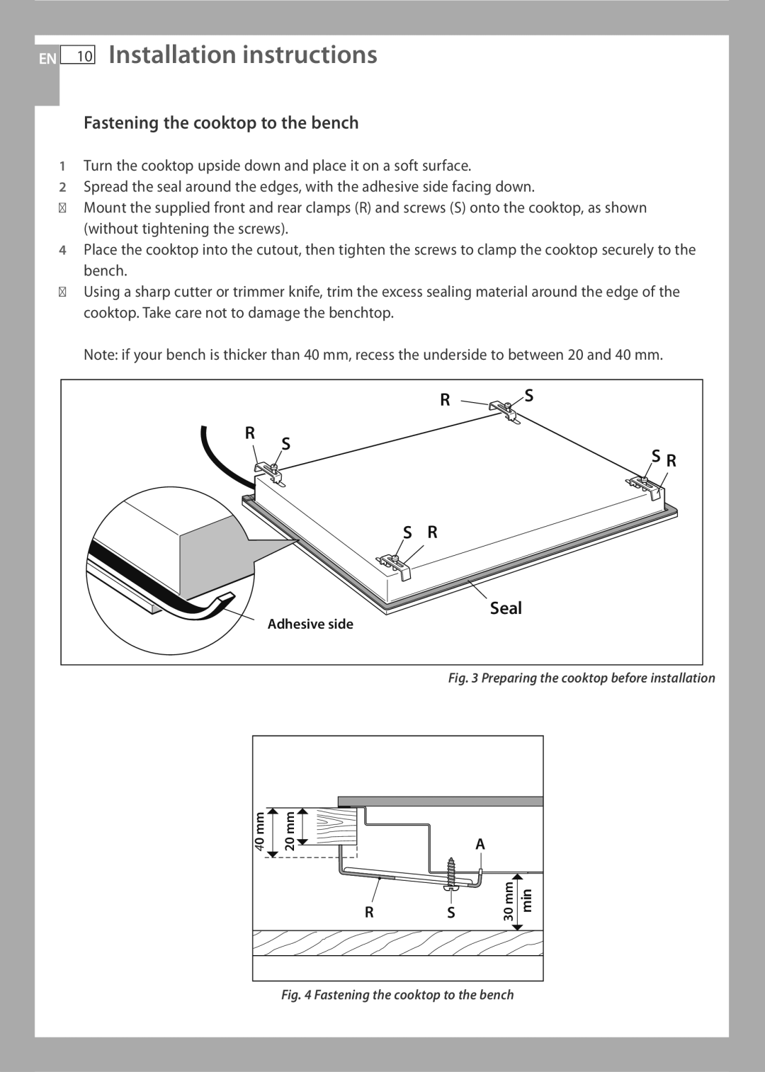 Fisher & Paykel CG733 installation instructions EN 10 Installation instructions, Fastening the cooktop to the bench 