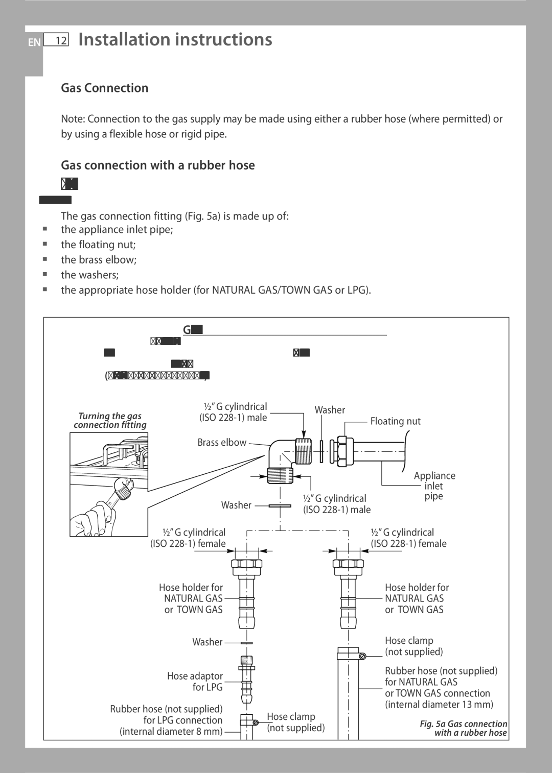 Fisher & Paykel CG733 Gas Connection Gas connection with a rubber hose, Gas connection with rubber hose holder 