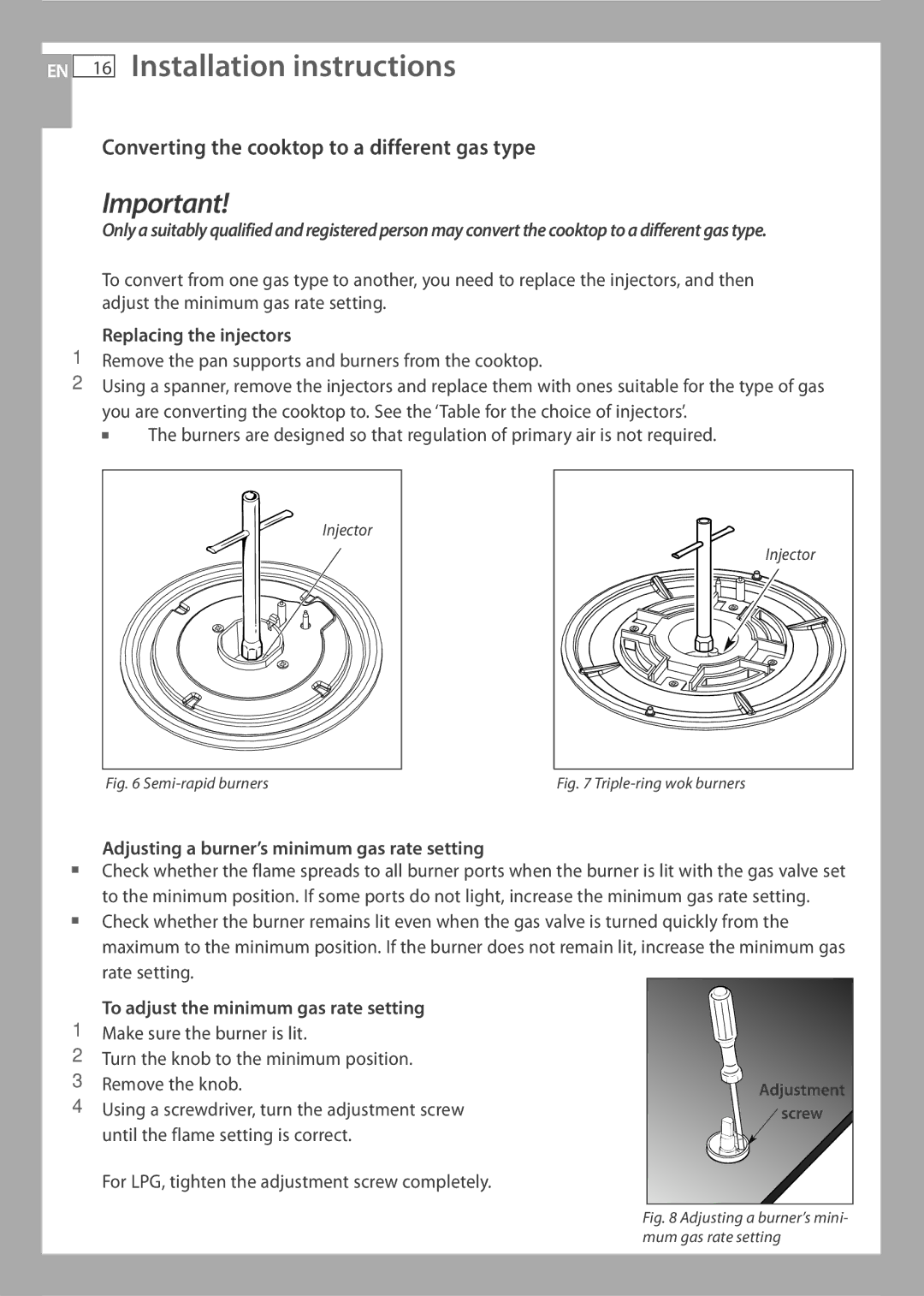 Fisher & Paykel CG733 EN 16 Installation instructions, Converting the cooktop to a different gas type 