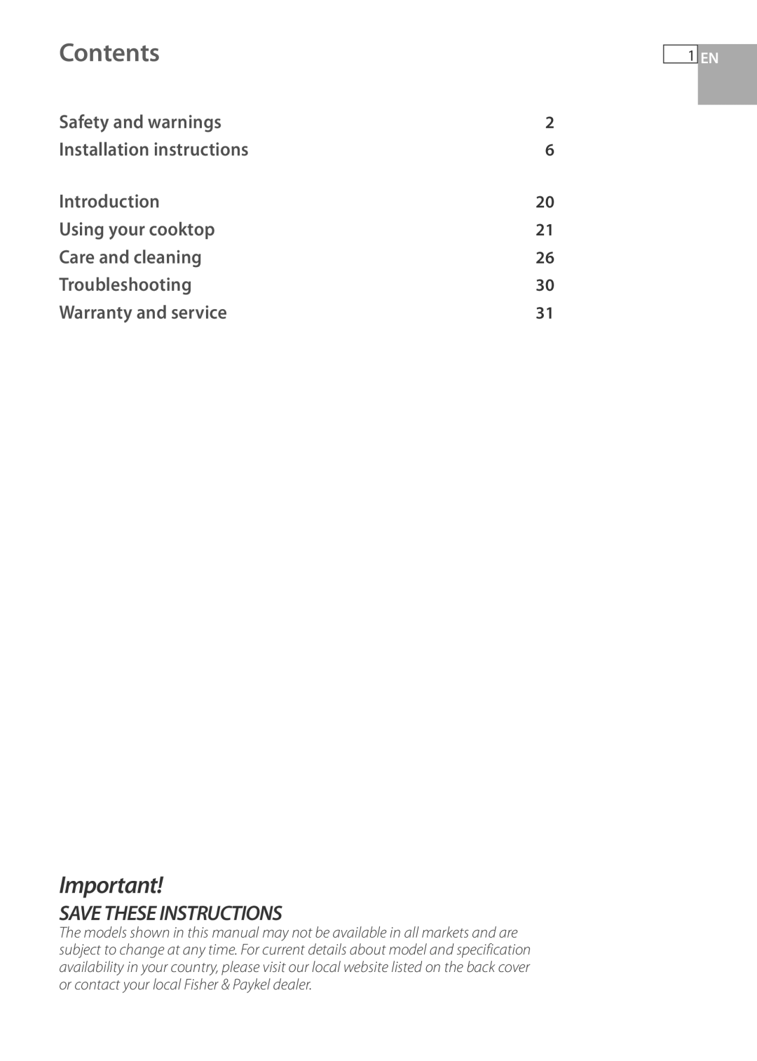 Fisher & Paykel CG733 installation instructions Contents 