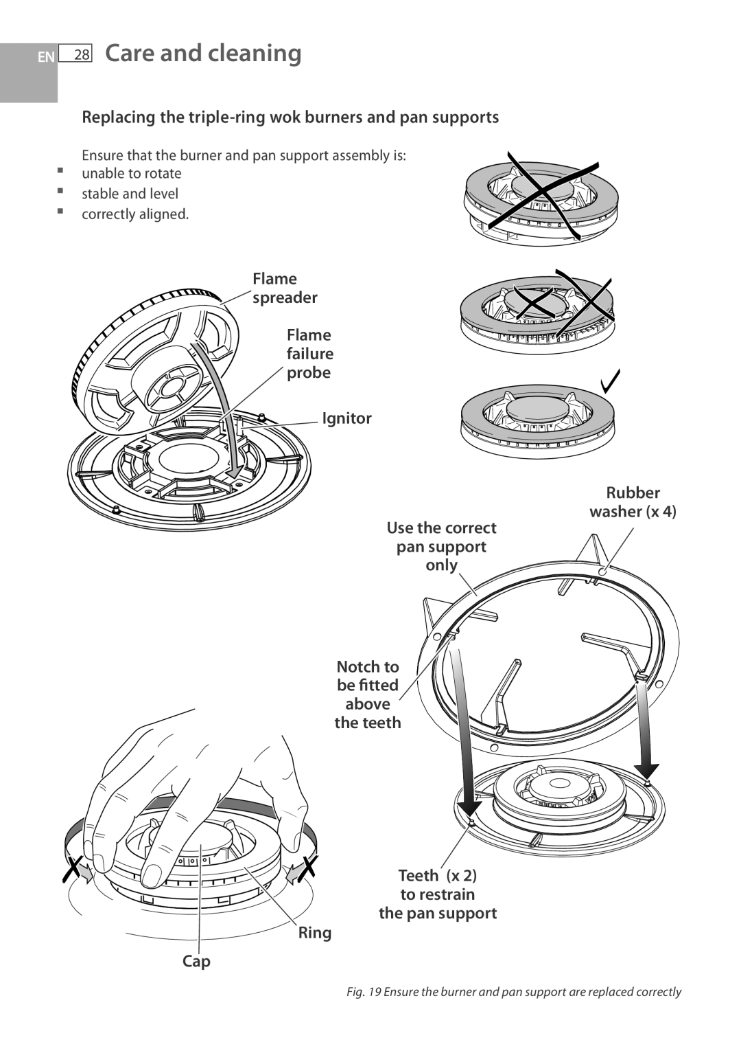 Fisher & Paykel CG733 installation instructions Replacing the triple-ring wok burners and pan supports 
