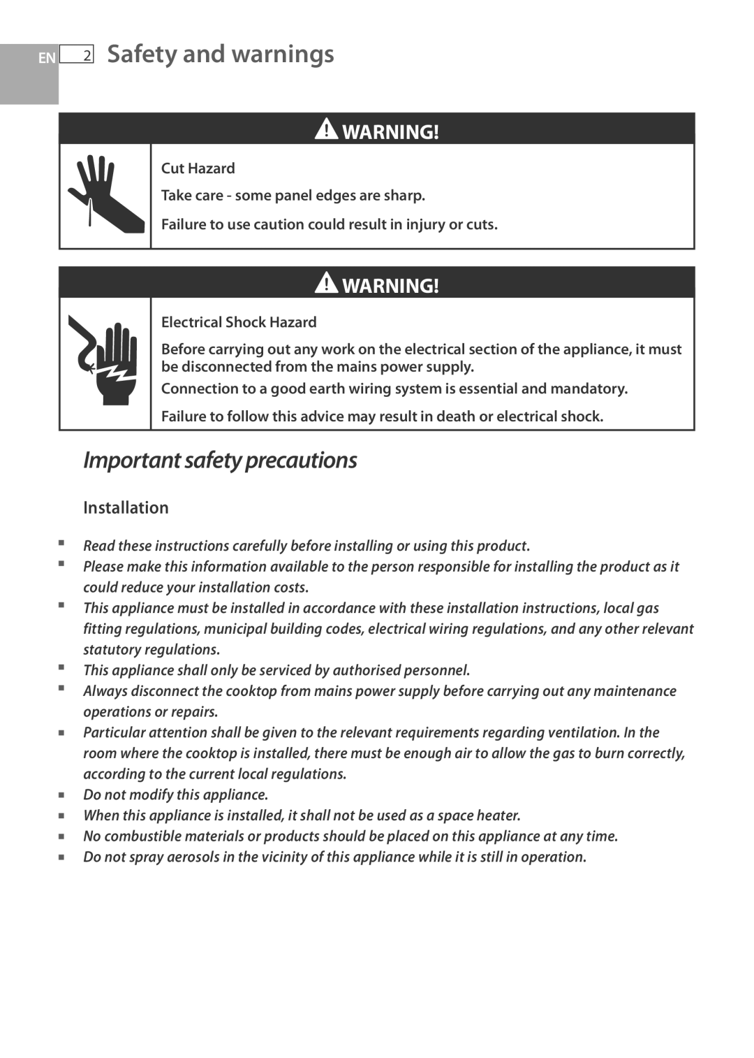 Fisher & Paykel CG733 installation instructions Safety and warnings, Installation 