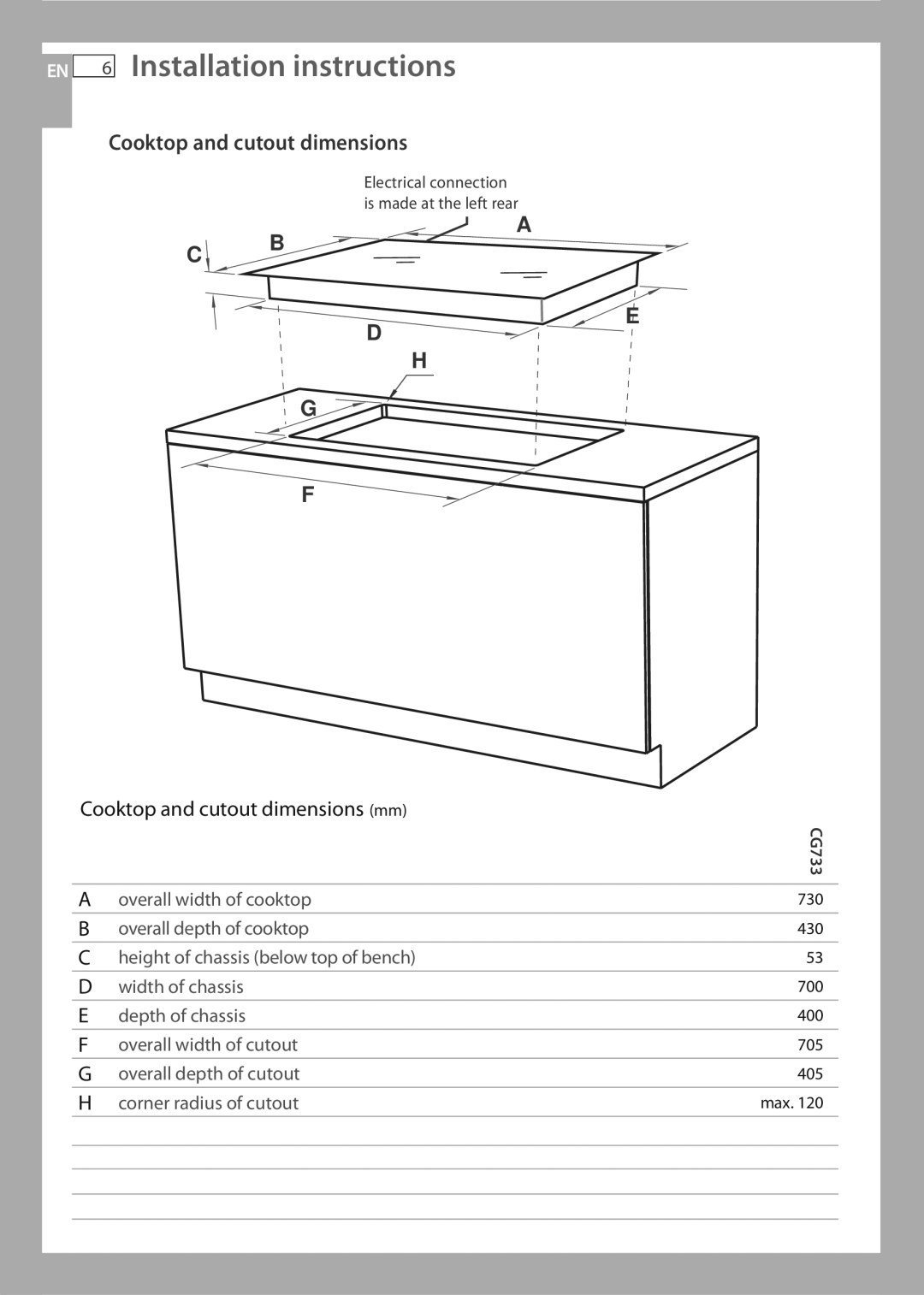 Fisher & Paykel CG733 installation instructions EN 6 Installation instructions, Cooktop and cutout dimensions 