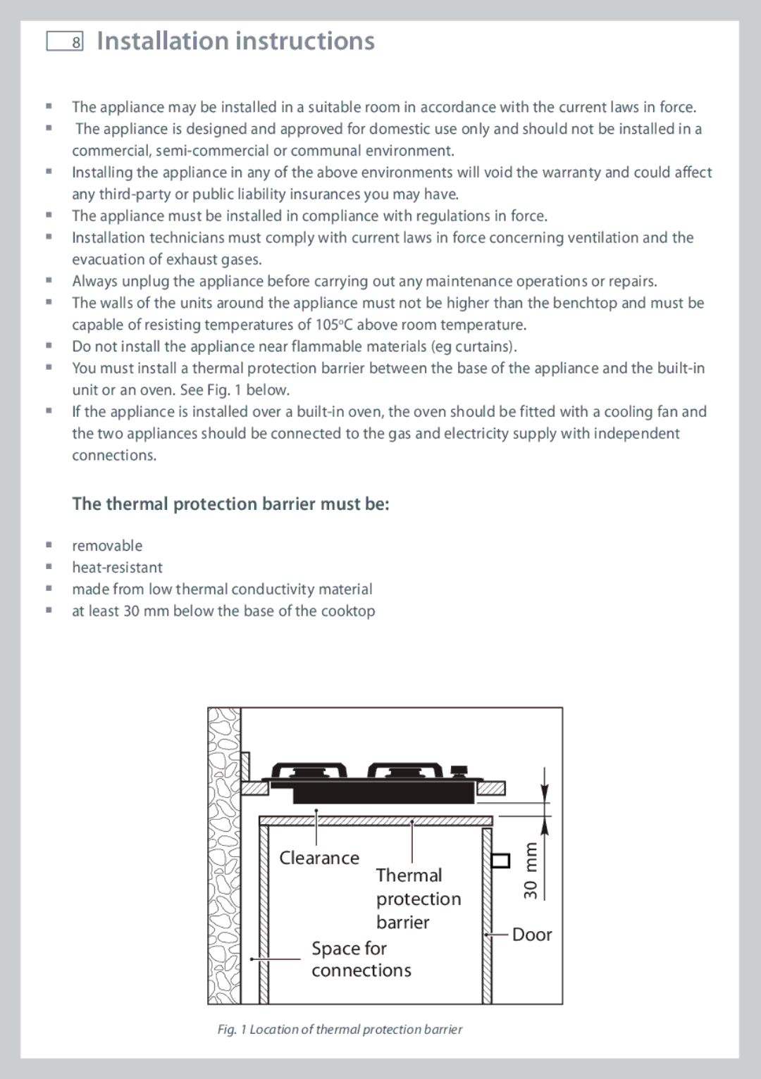 Fisher & Paykel CG755 installation instructions Thermal protection barrier must be, Location of thermal protection barrier 