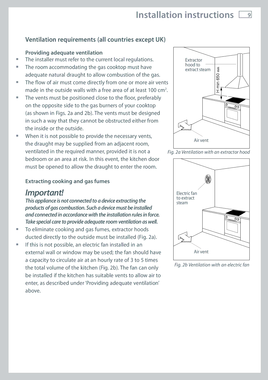 Fisher & Paykel CG755 Ventilation requirements all countries except UK, Providing adequate ventilation 