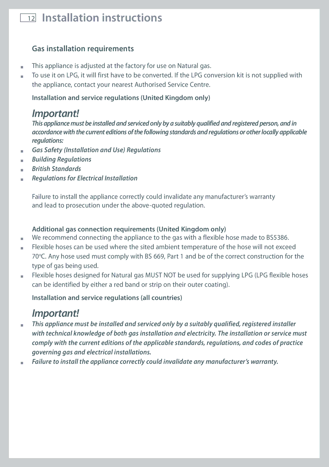 Fisher & Paykel CG755 Gas installation requirements, Installation and service regulations United Kingdom only 