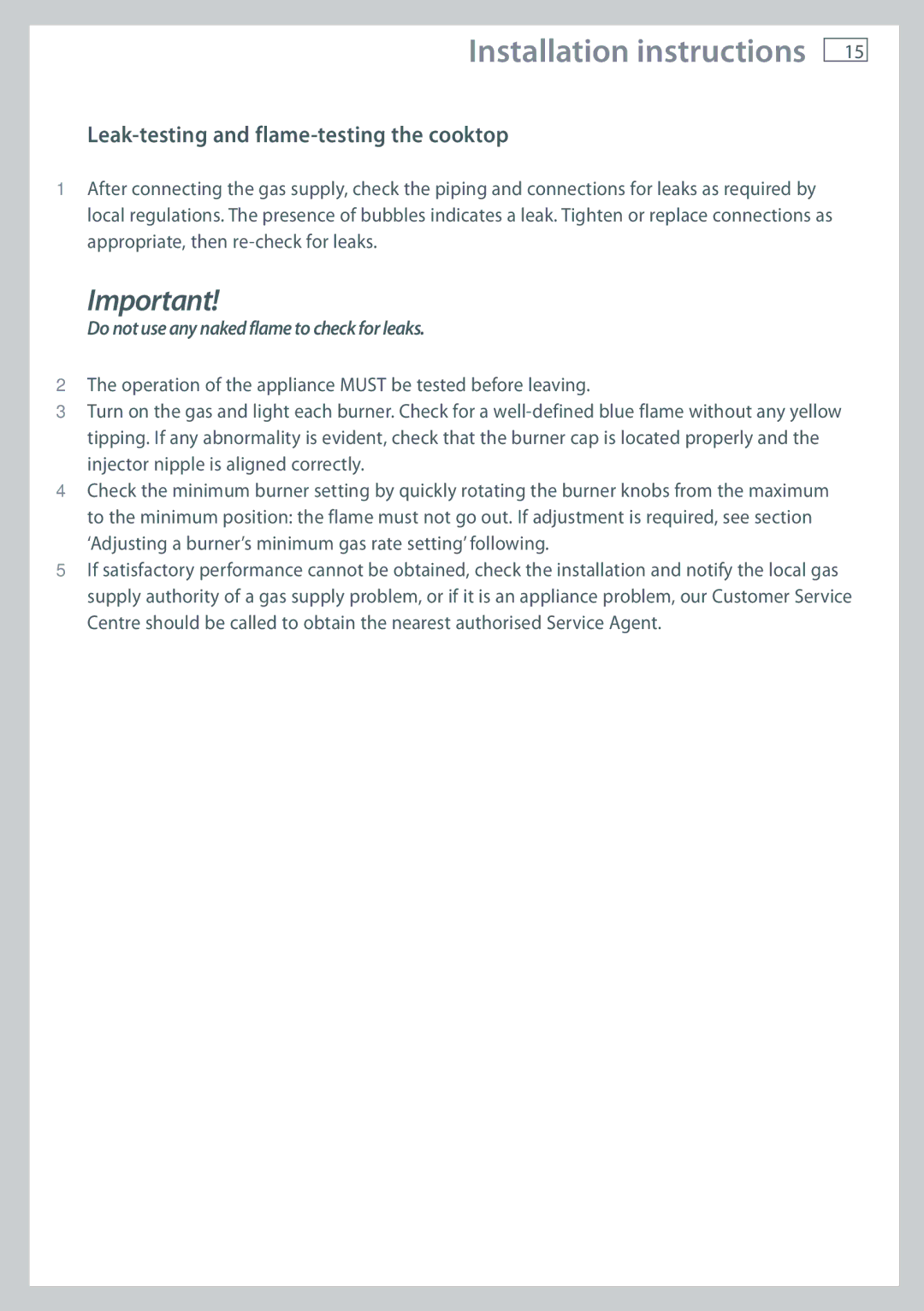 Fisher & Paykel CG755 installation instructions Leak-testing and flame-testing the cooktop 
