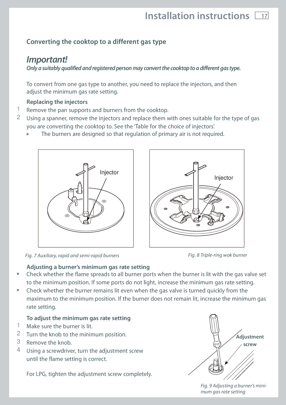 Fisher & Paykel CG755 installation instructions Converting the cooktop to a different gas type, Replacing the injectors 