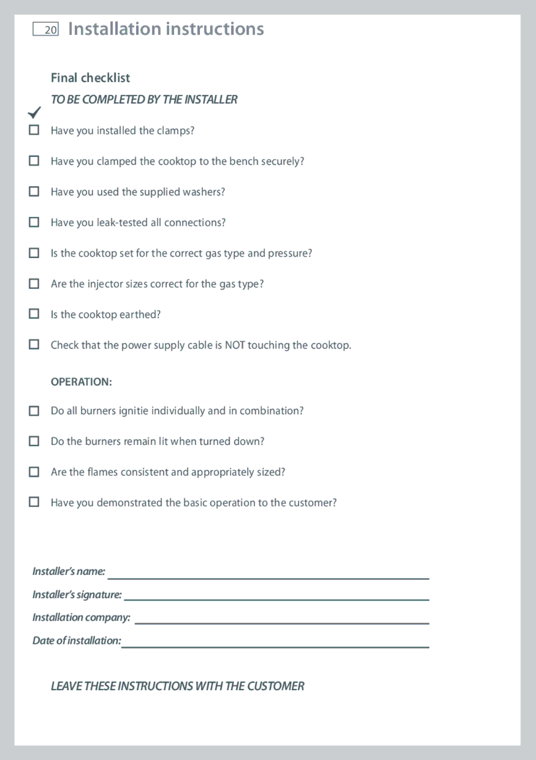 Fisher & Paykel CG755 installation instructions Final checklist, To be Completed by the Installer 