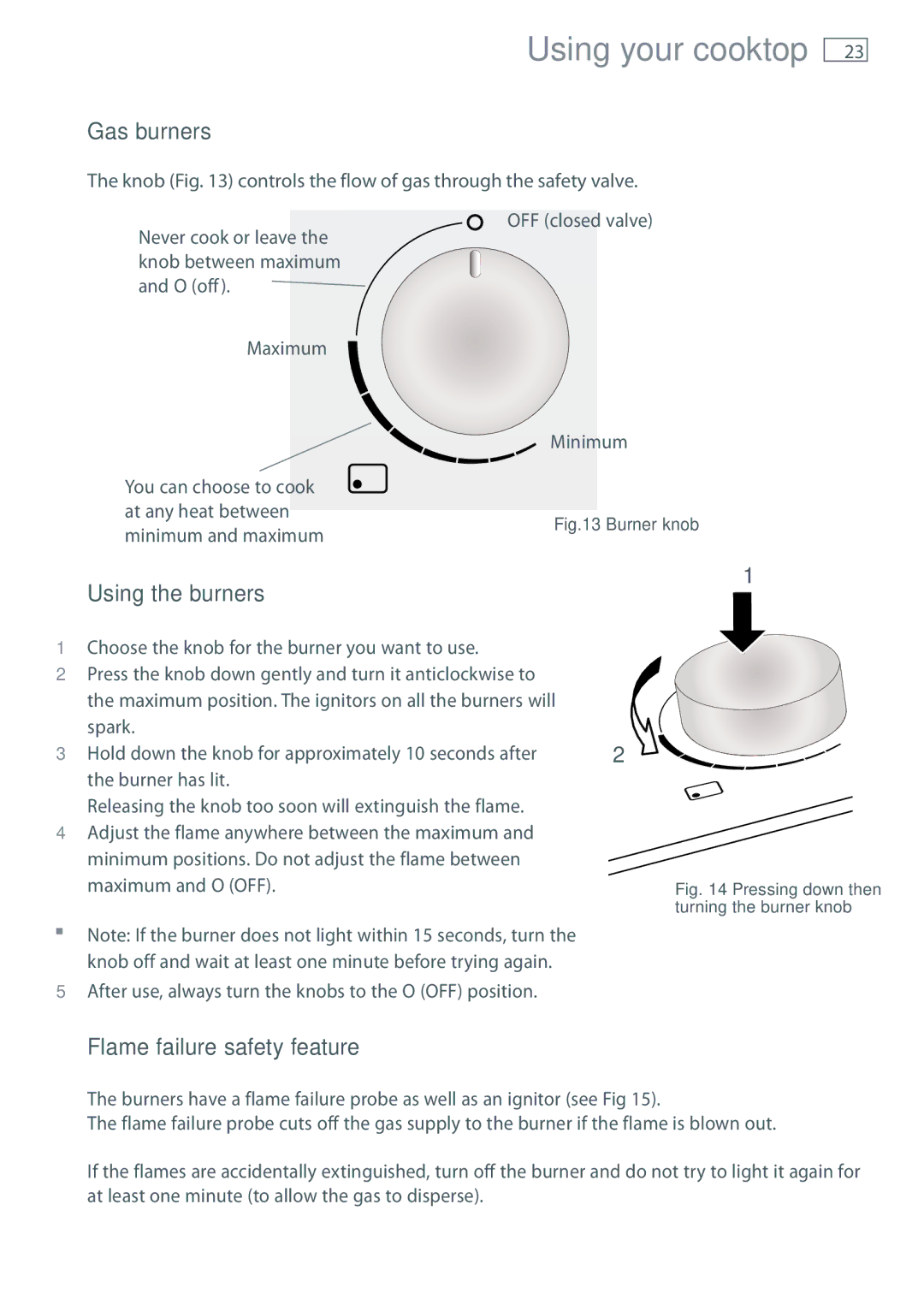 Fisher & Paykel CG755 Using your cooktop, Gas burners, Using the burners, Flame failure safety feature 