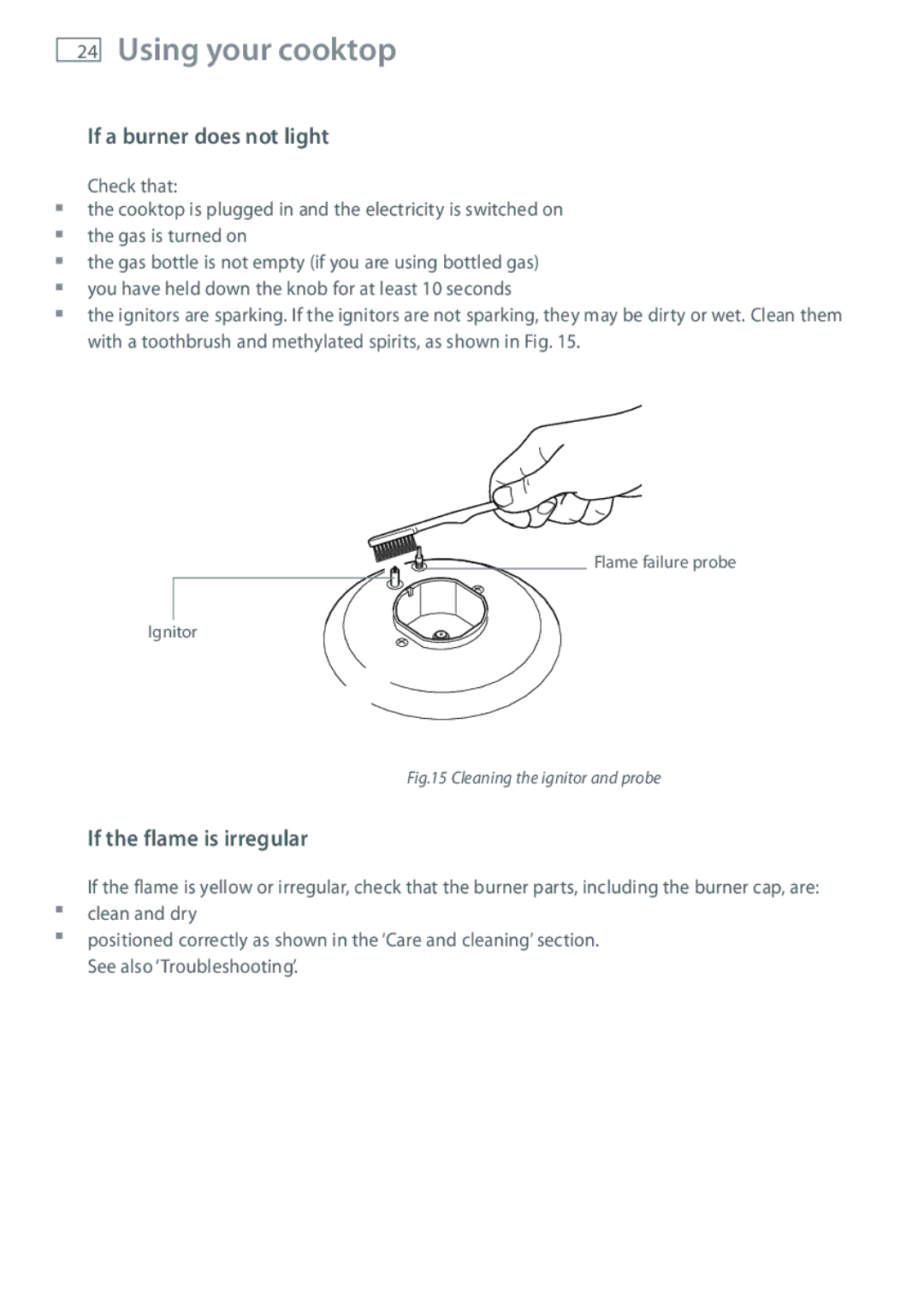 Fisher & Paykel CG755 installation instructions If a burner does not light, If the flame is irregular 