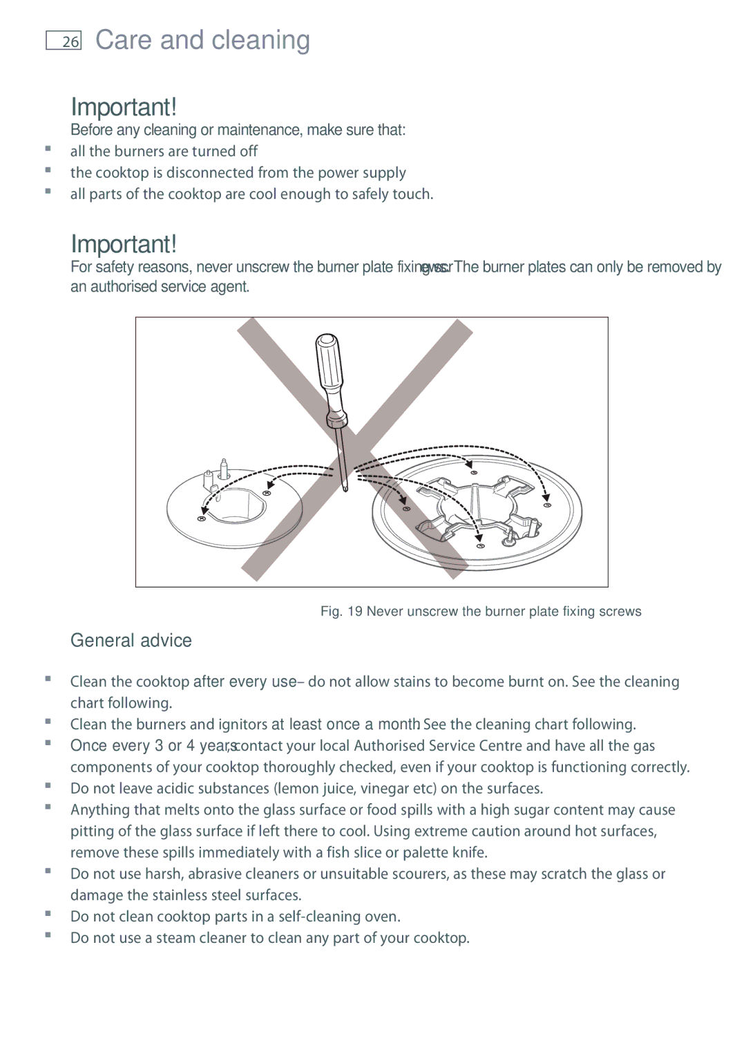 Fisher & Paykel CG755 installation instructions Care and cleaning, General advice 