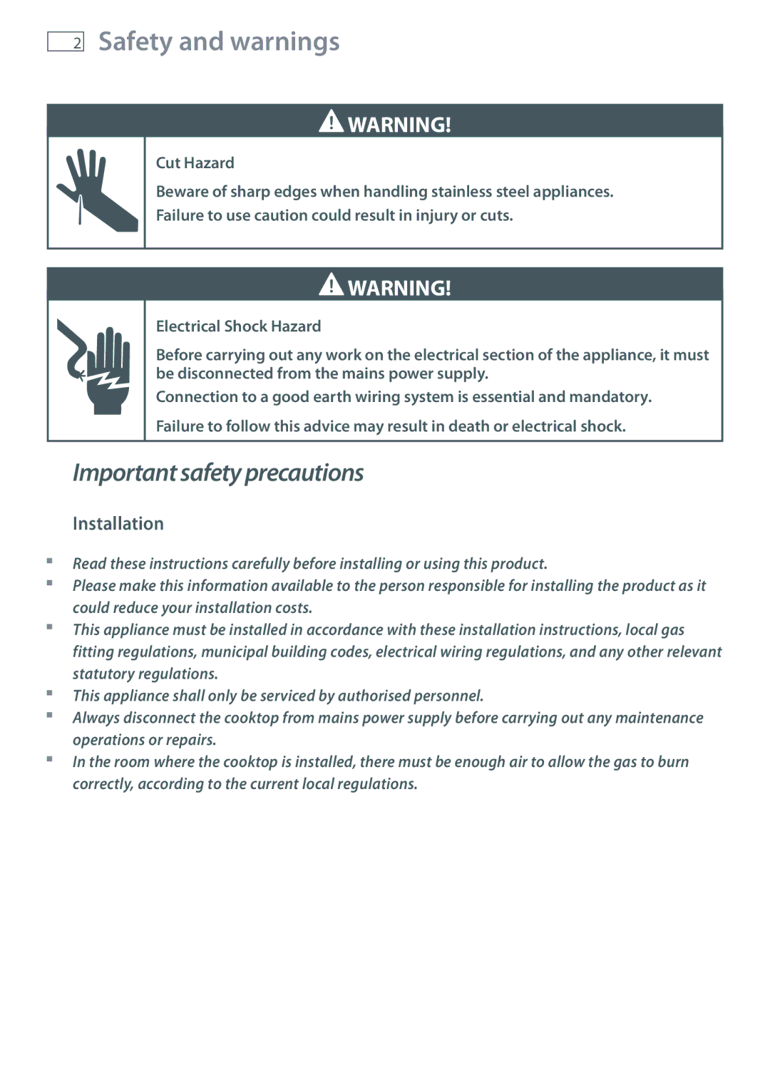 Fisher & Paykel CG755 installation instructions Safety and warnings, Installation 