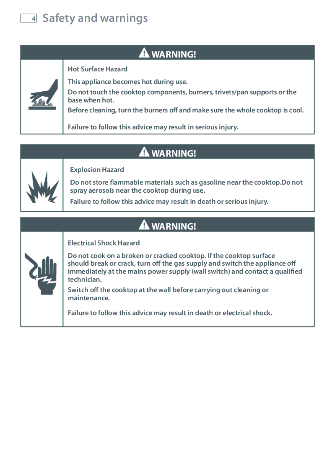 Fisher & Paykel CG755 installation instructions Safety and warnings 