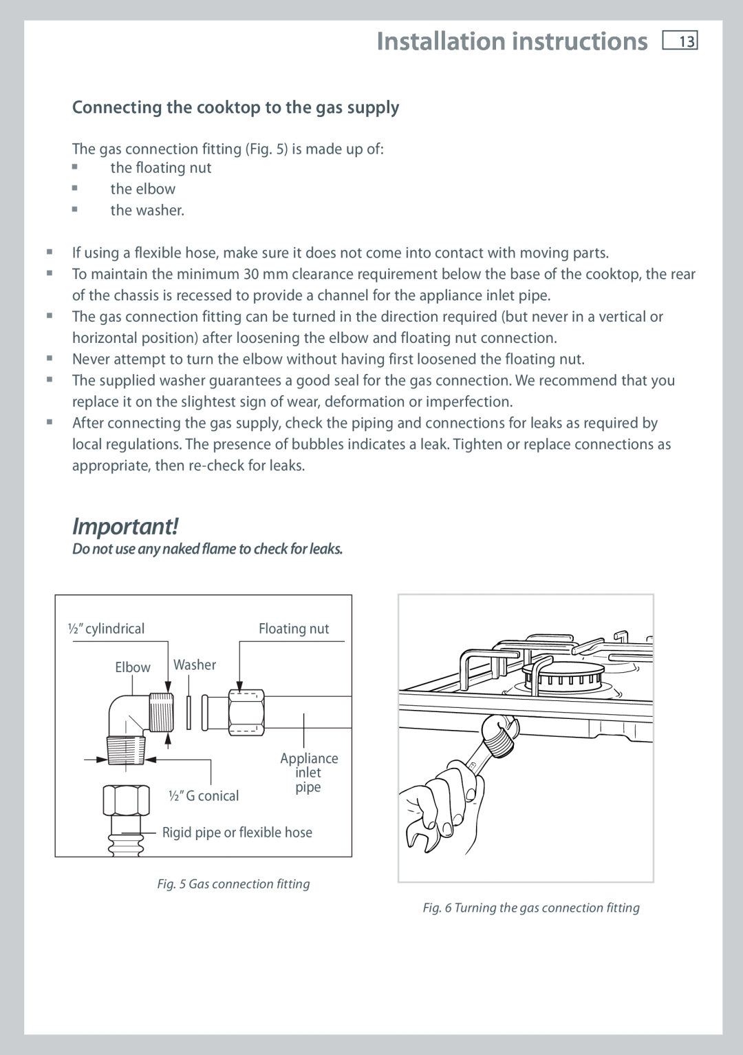 Fisher & Paykel CG755 installation instructions Connecting the cooktop to the gas supply, Installation instructions 