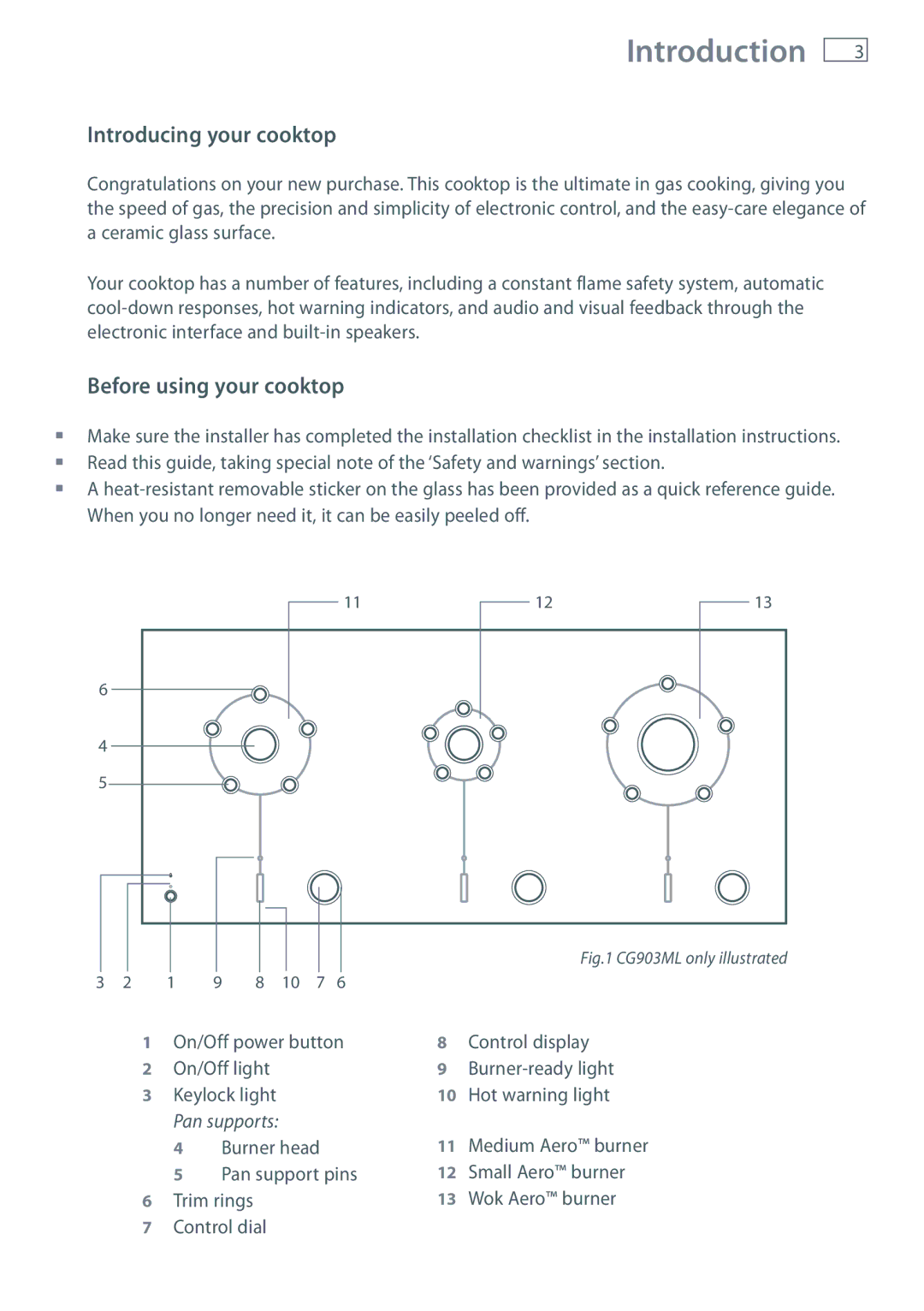 Fisher & Paykel CG903MLD manual Introduction, Introducing your cooktop, Before using your cooktop 