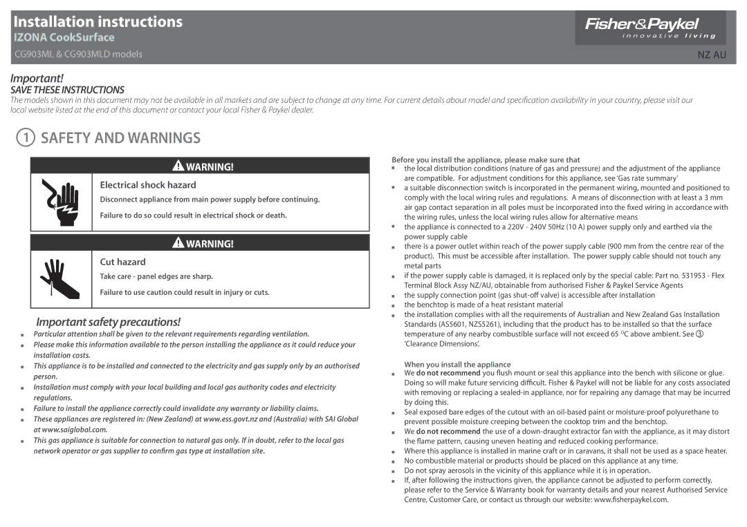 Fisher & Paykel CG903MLD installation instructions Installation instructions, Safety and Warnings 