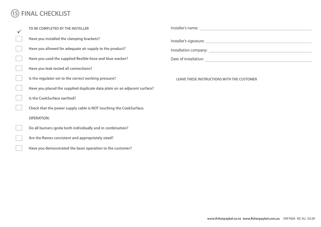 Fisher & Paykel CG903MLD installation instructions Final Checklist, Operation 