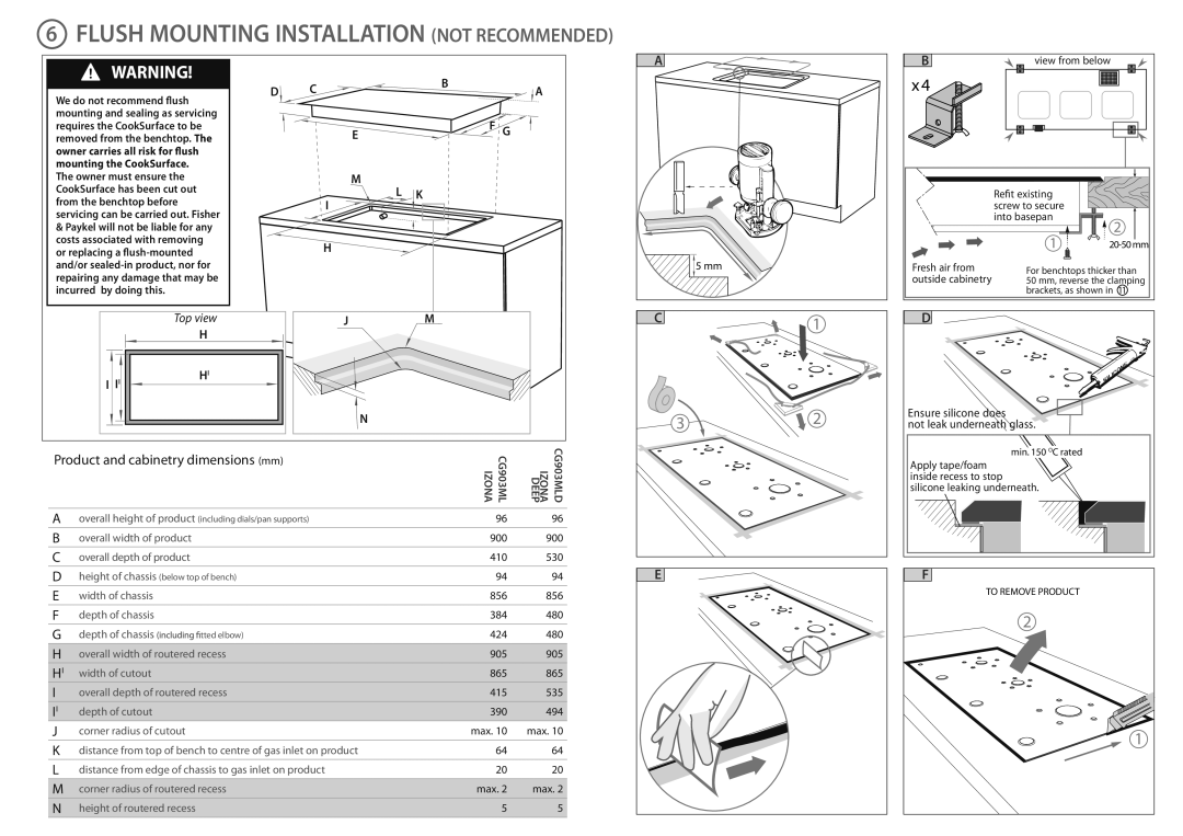 Fisher & Paykel CG903MLD Flush Mounting Installation Not Recommended, Product and cabinetry dimensions mm 