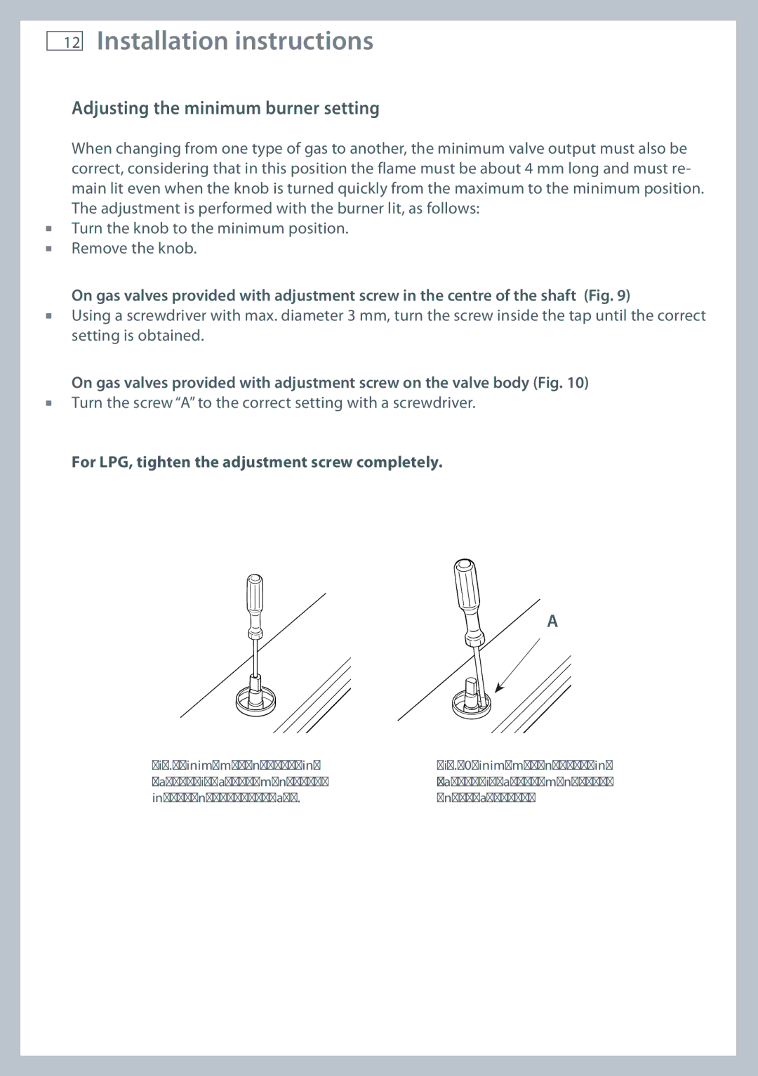 Fisher & Paykel CG905 Adjusting the minimum burner setting, For LPG, tighten the adjustment screw completely 