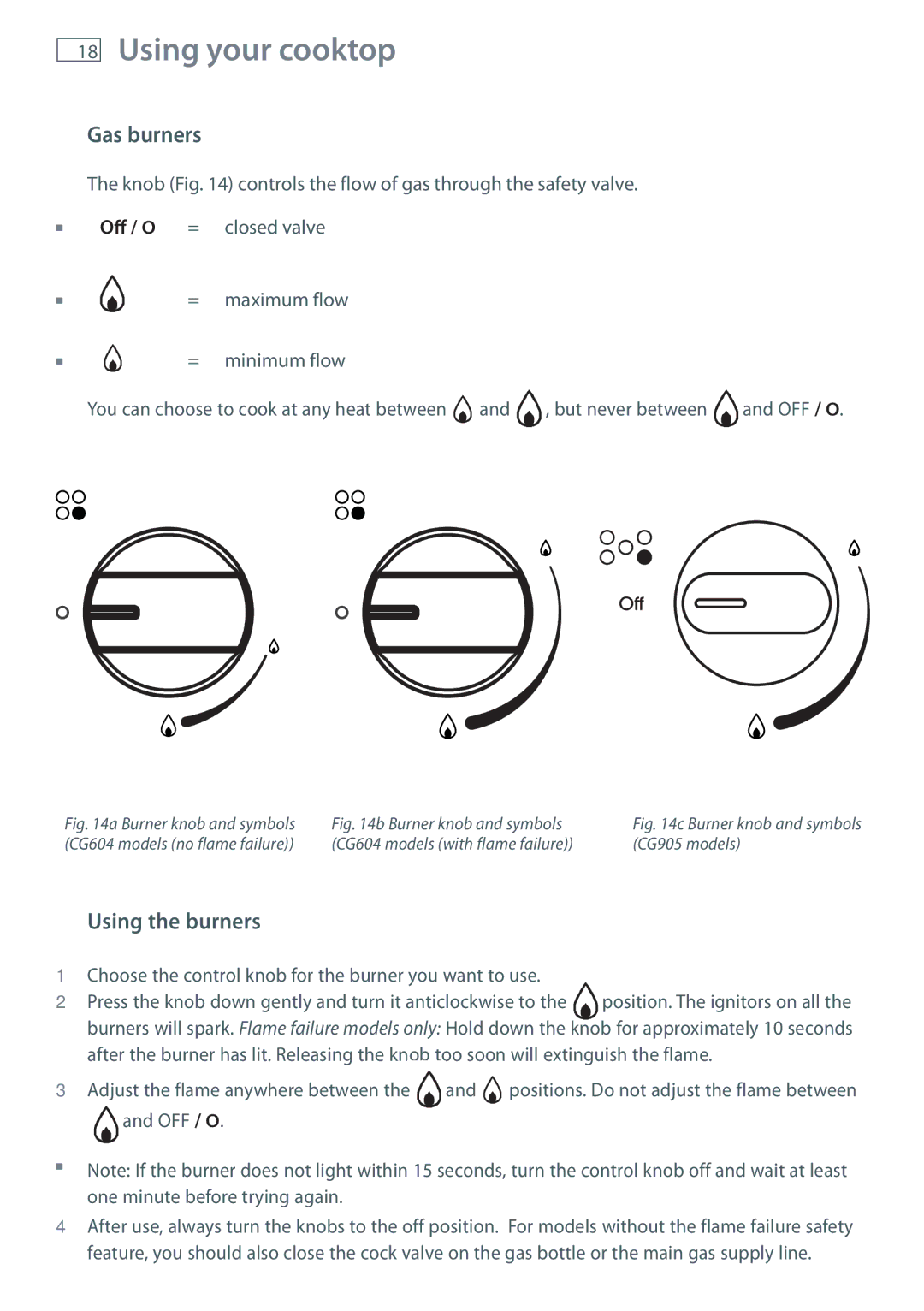 Fisher & Paykel CG905 installation instructions Using your cooktop, Gas burners, Using the burners 