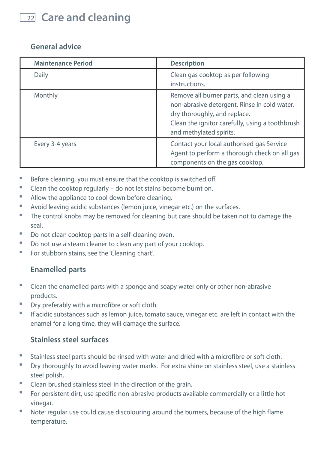 Fisher & Paykel CG905 Care and cleaning, General advice, Enamelled parts, Stainless steel surfaces 