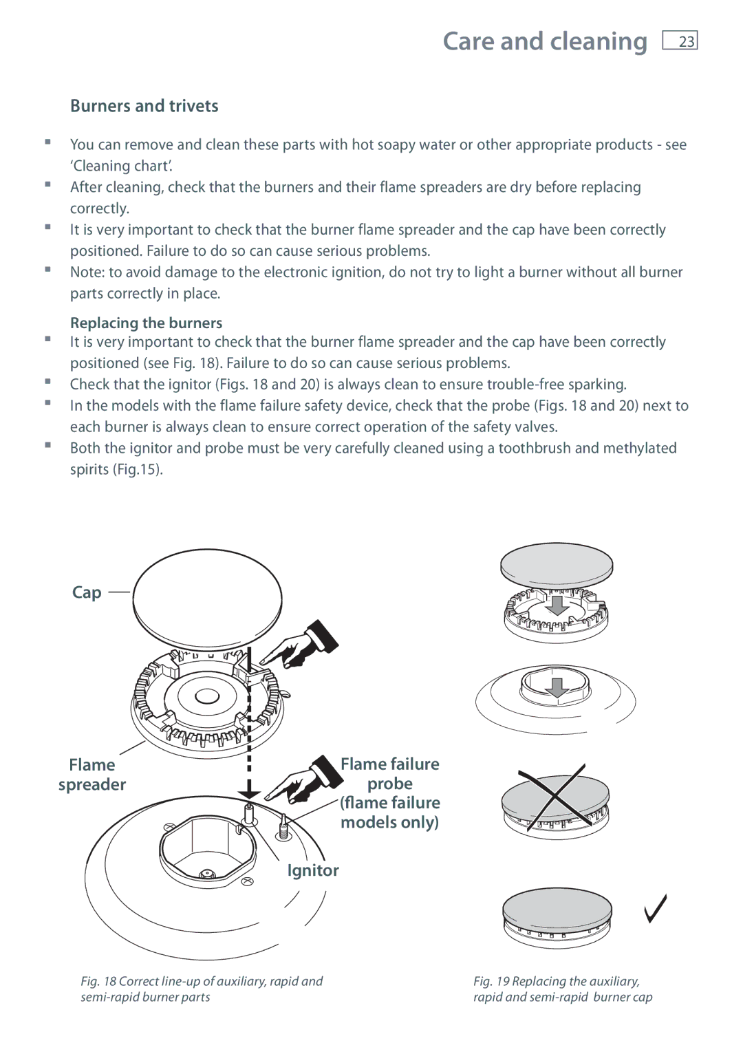 Fisher & Paykel CG905 installation instructions Burners and trivets, Replacing the burners, Flame failure models only 