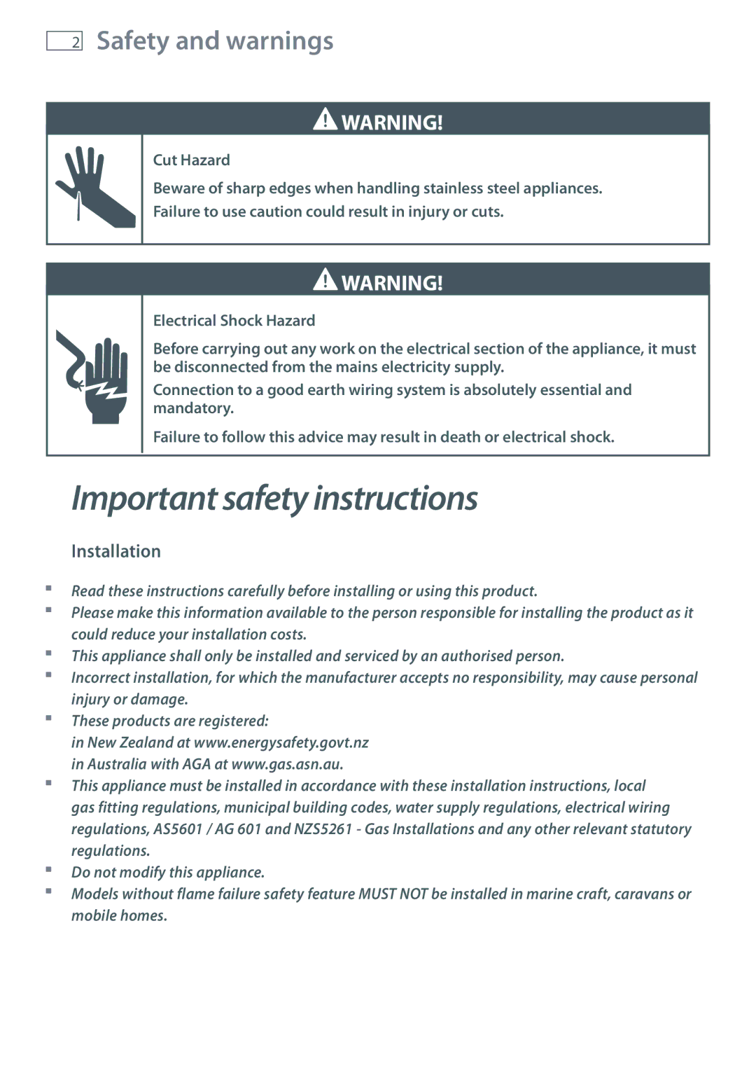 Fisher & Paykel CG905 installation instructions Safety and warnings, Installation 