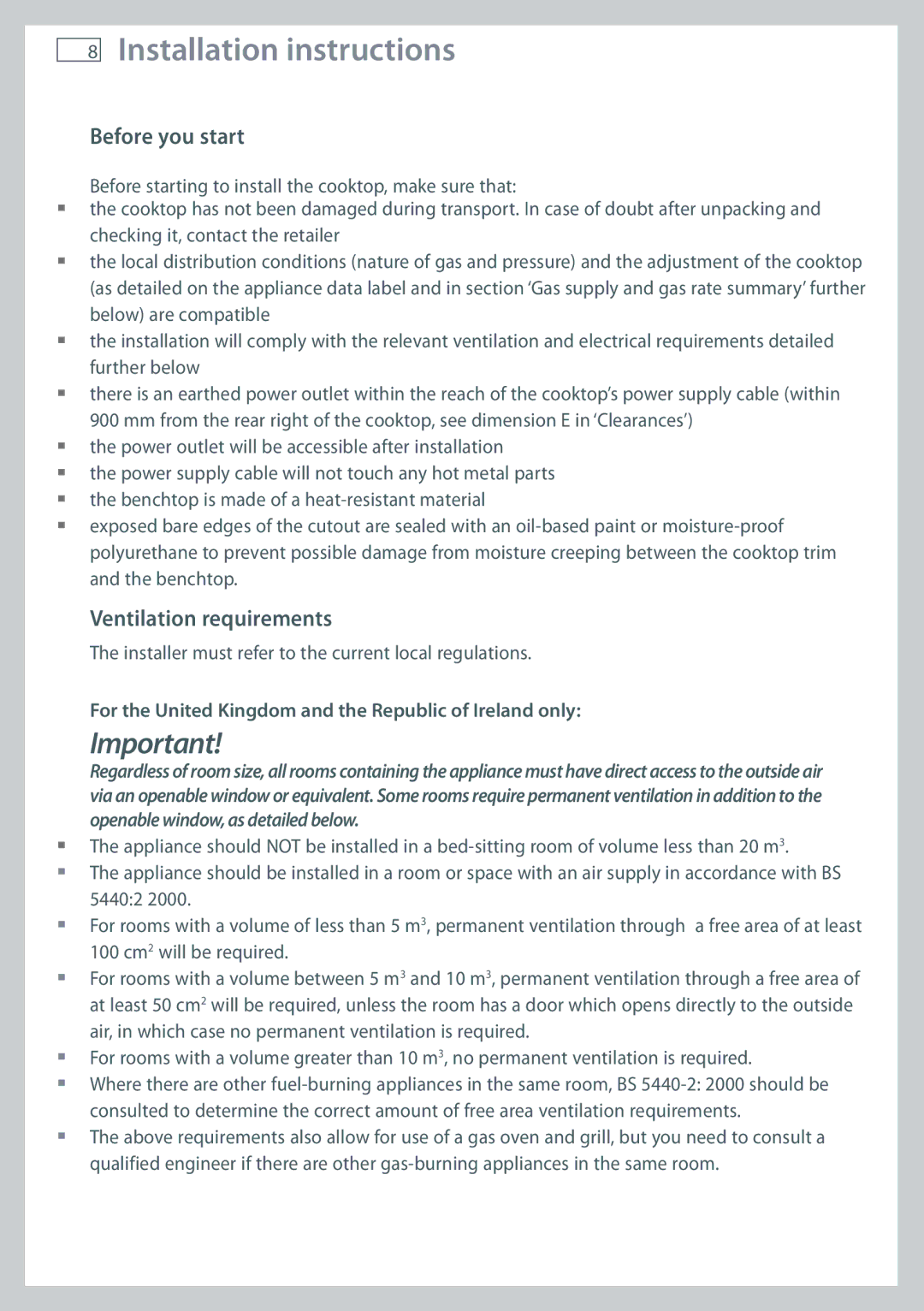 Fisher & Paykel CG905 Before you start, Ventilation requirements, For the United Kingdom and the Republic of Ireland only 