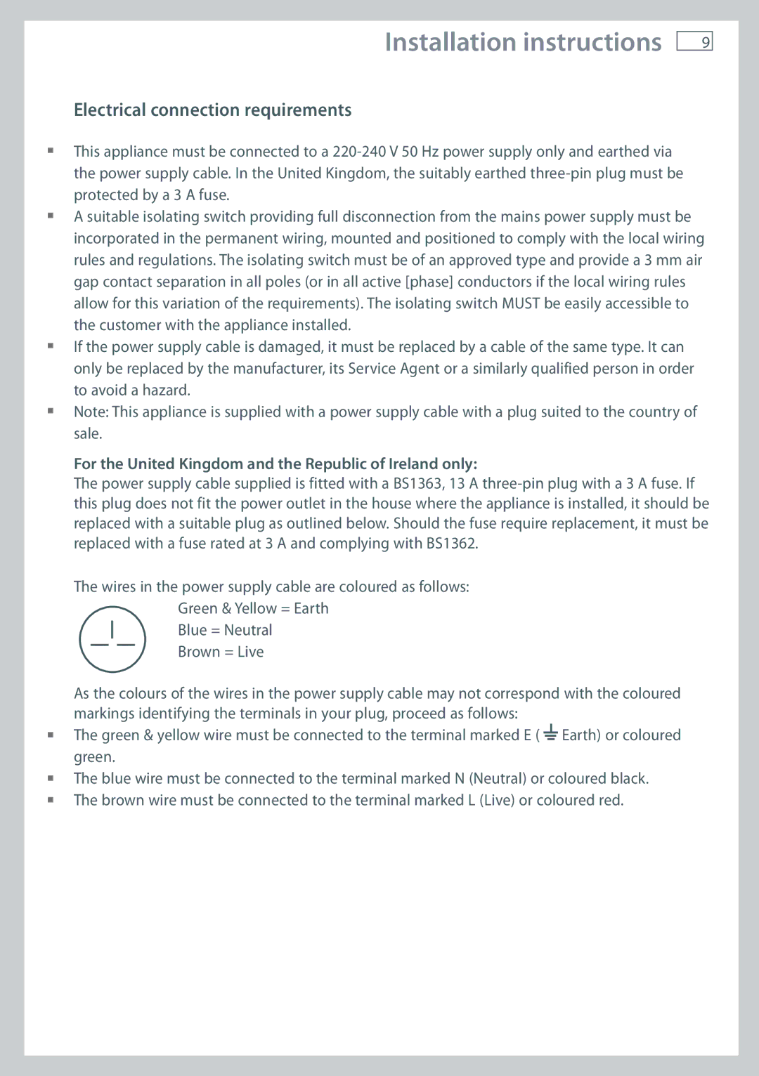 Fisher & Paykel CG905 installation instructions Electrical connection requirements 