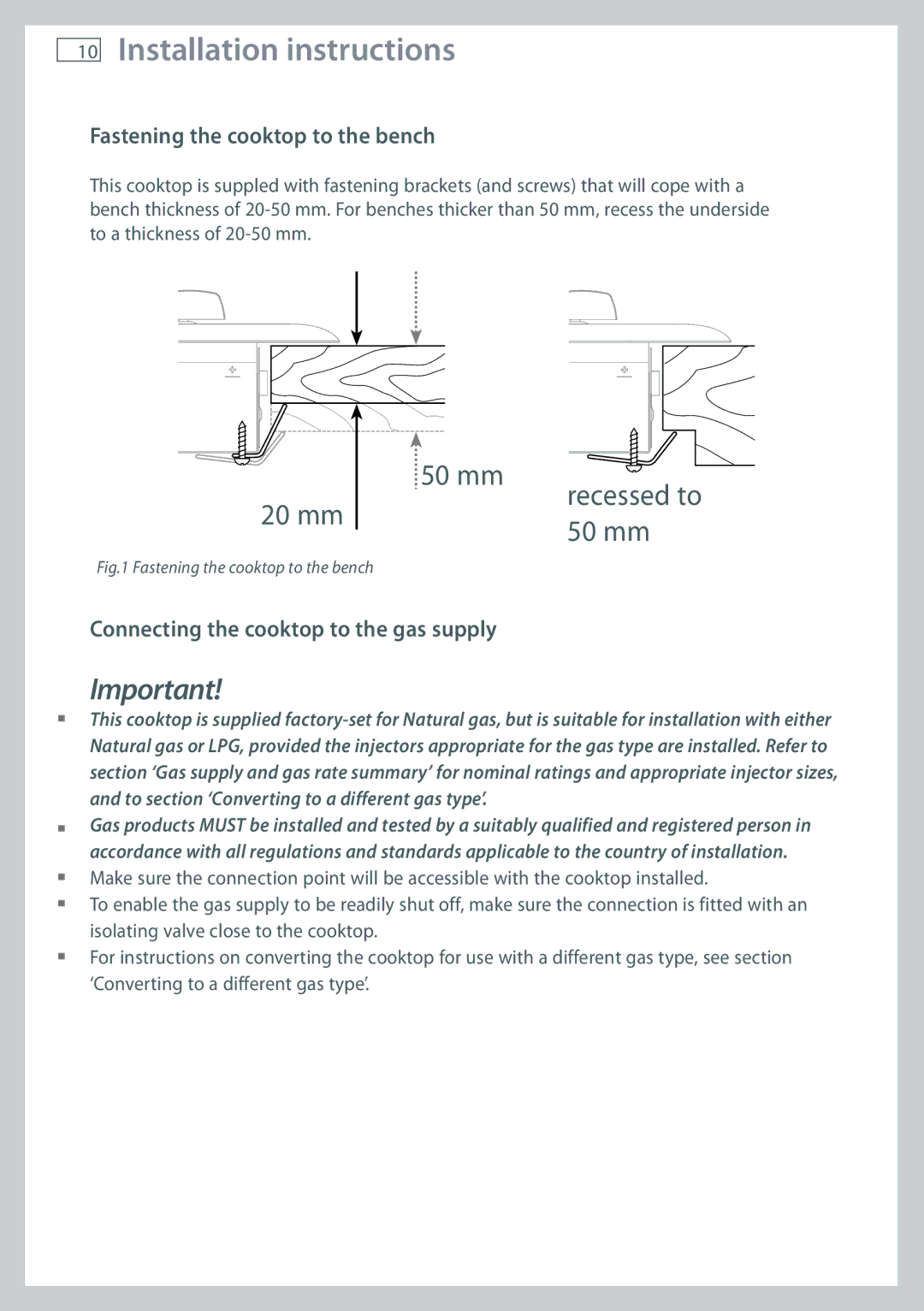 Fisher & Paykel CG905 Fastening the cooktop to the bench, Connecting the cooktop to the gas supply 